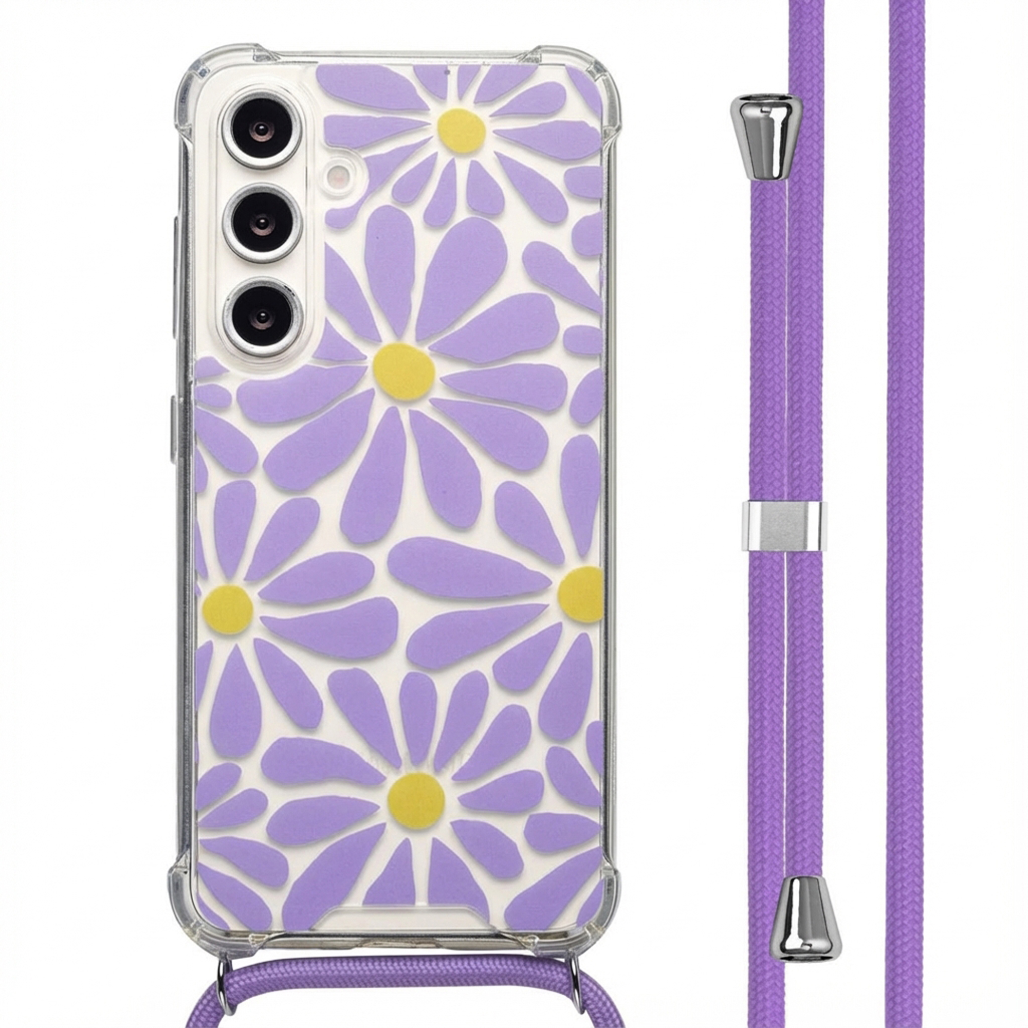 Une coque de téléphone avec un motif de marguerite et un cordon violet. La coque est sur un téléphone avec trois caméras.