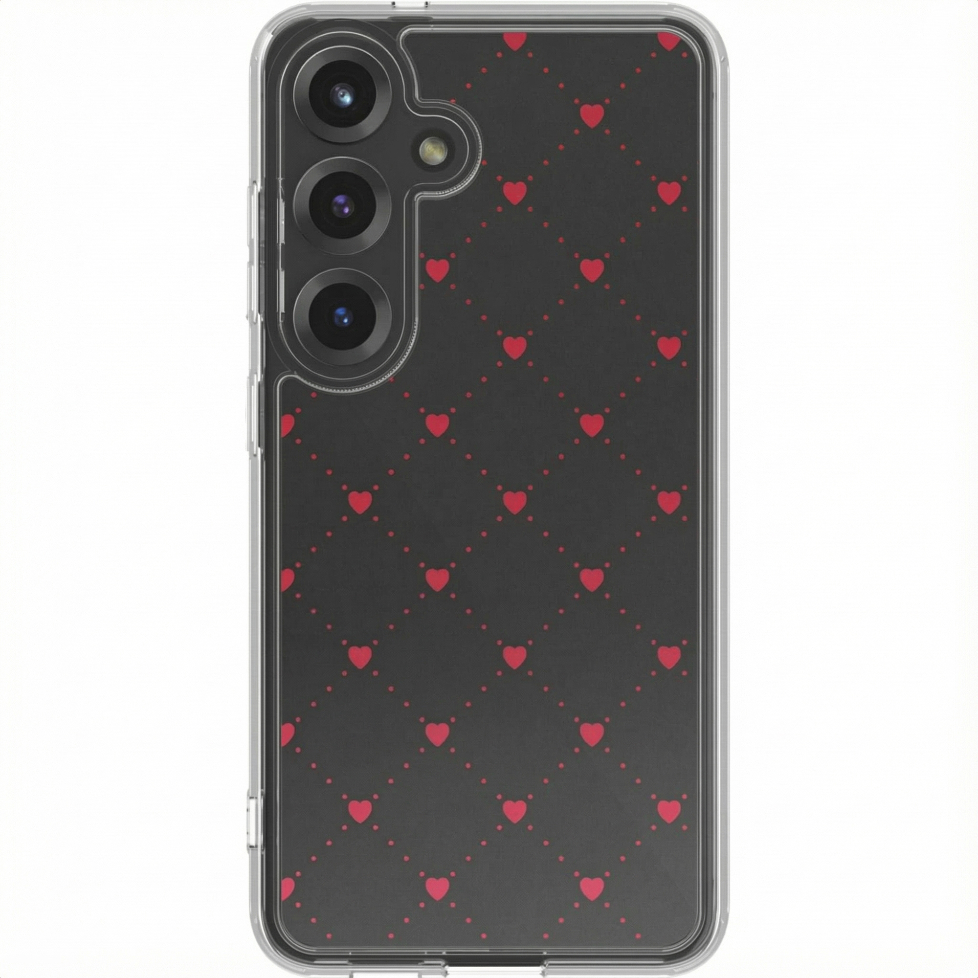 Telefoonhoesje met zwarte achtergrond en rood hartpatroon. De telefoon heeft drie cameralenzen.