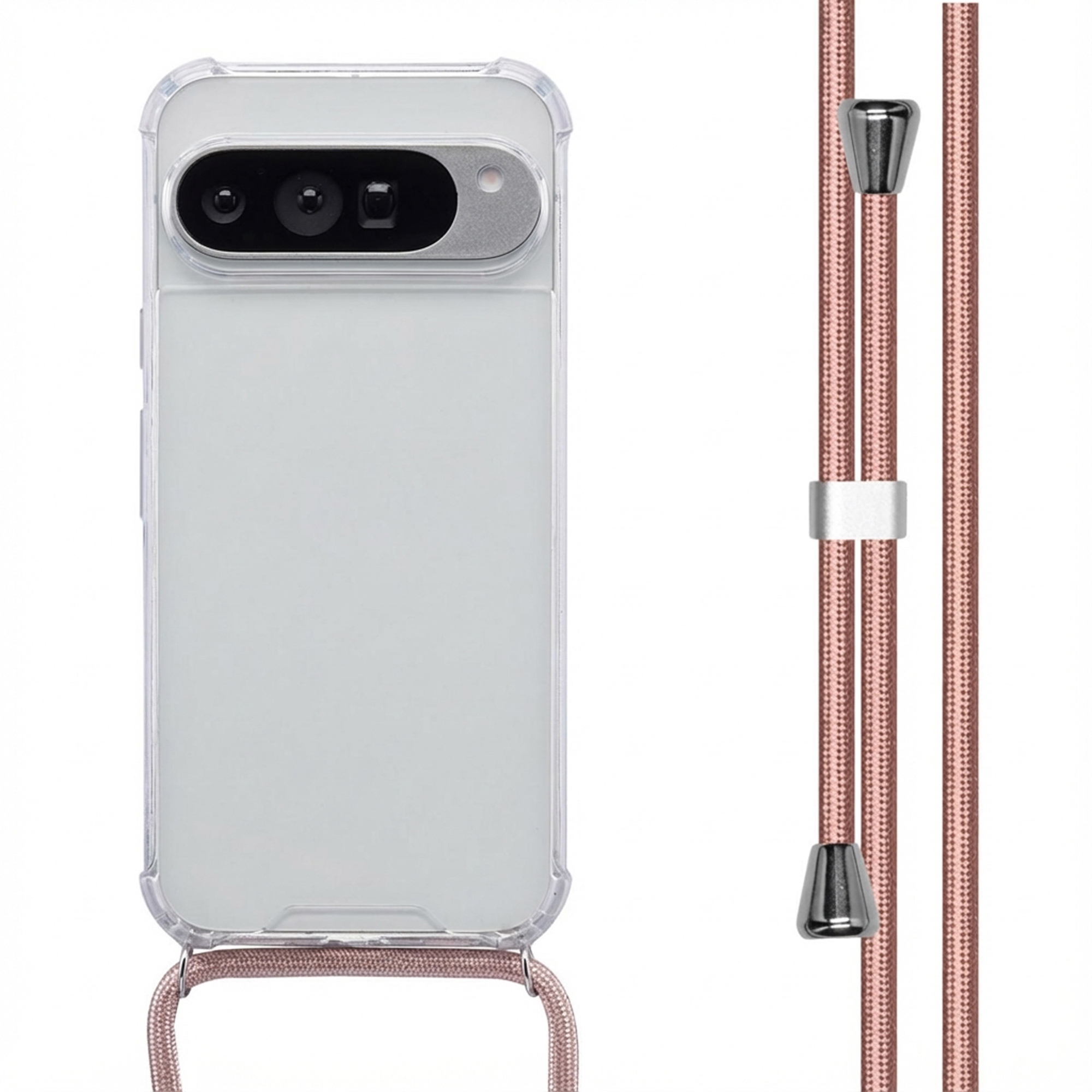 Un téléphone dans un étui transparent avec une sangle rose. La sangle a des accents métalliques. Le téléphone a une barre de caméra.
