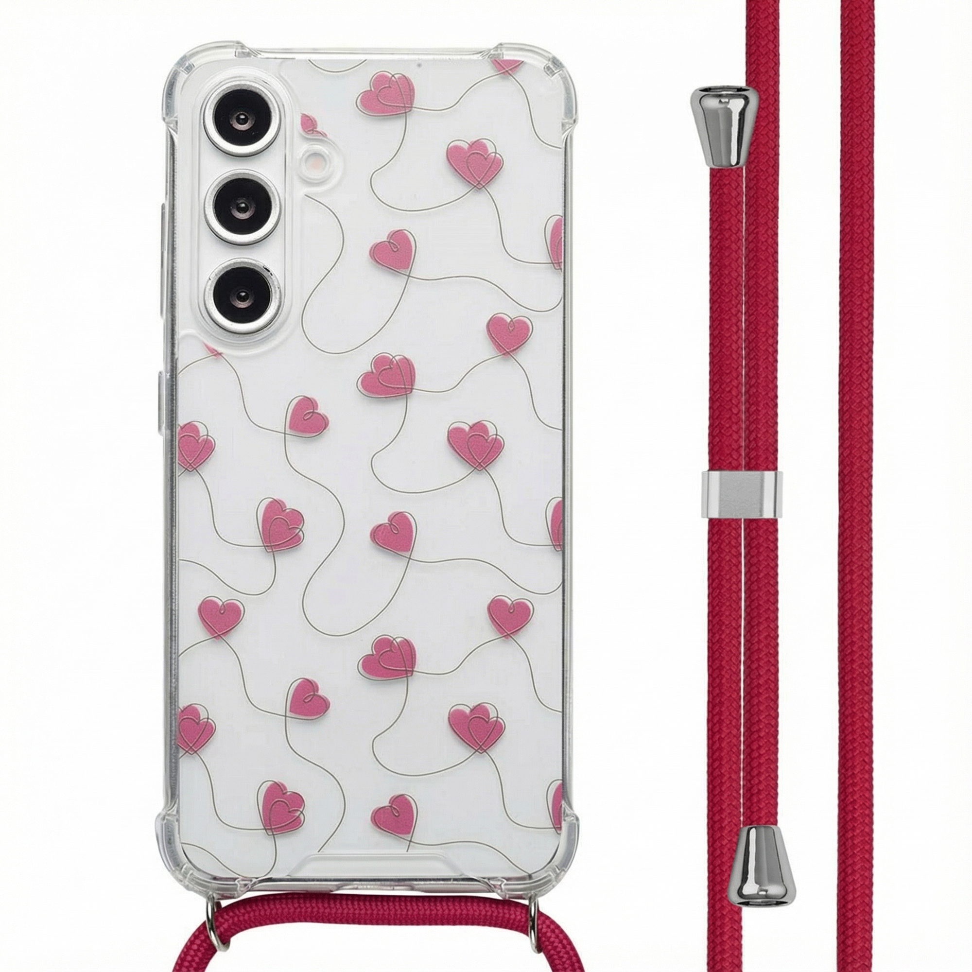 Coque de téléphone avec des cœurs roses sur fond blanc. Il a un cordon rouge. La coque a un cadre transparent.