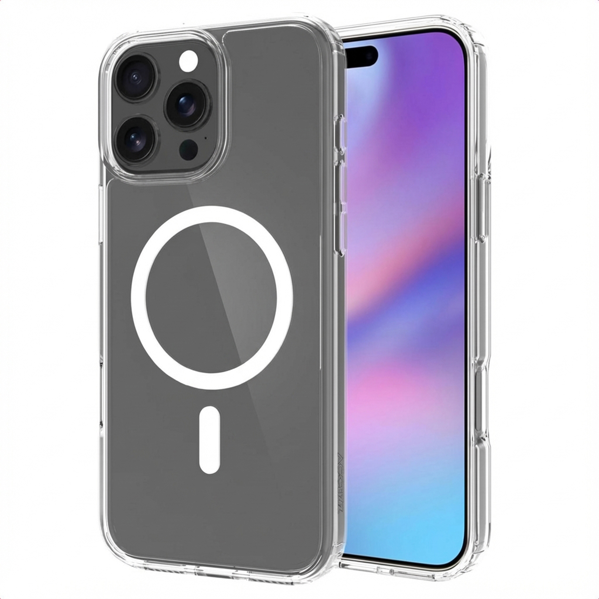 Een doorzichtige telefoonhoes. Het heeft een witte cirkel en lijn, beschermt de telefoon.
