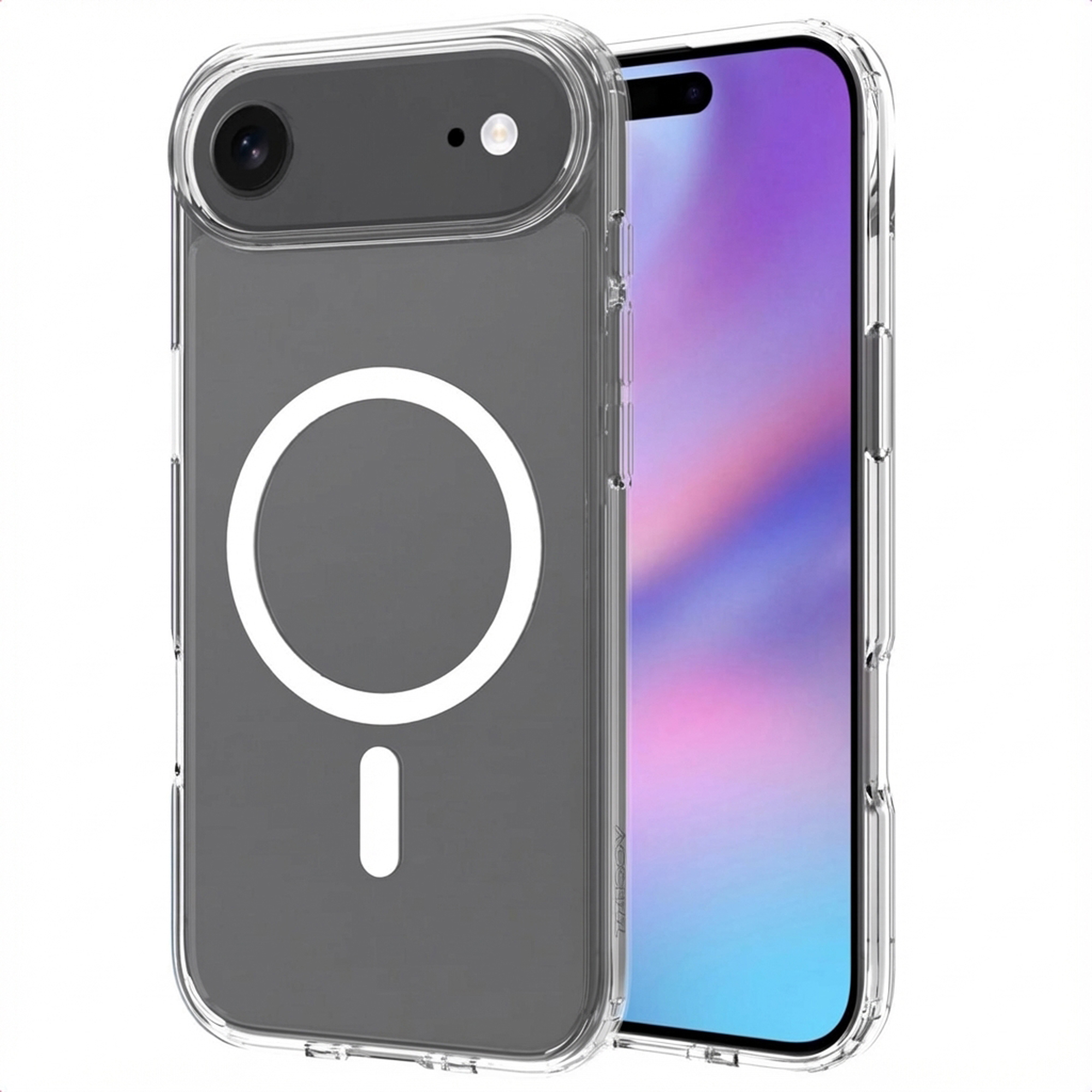 Transparante telefoonhoes met witte cirkel en minteken, met een telefoon met een kleurrijk scherm.