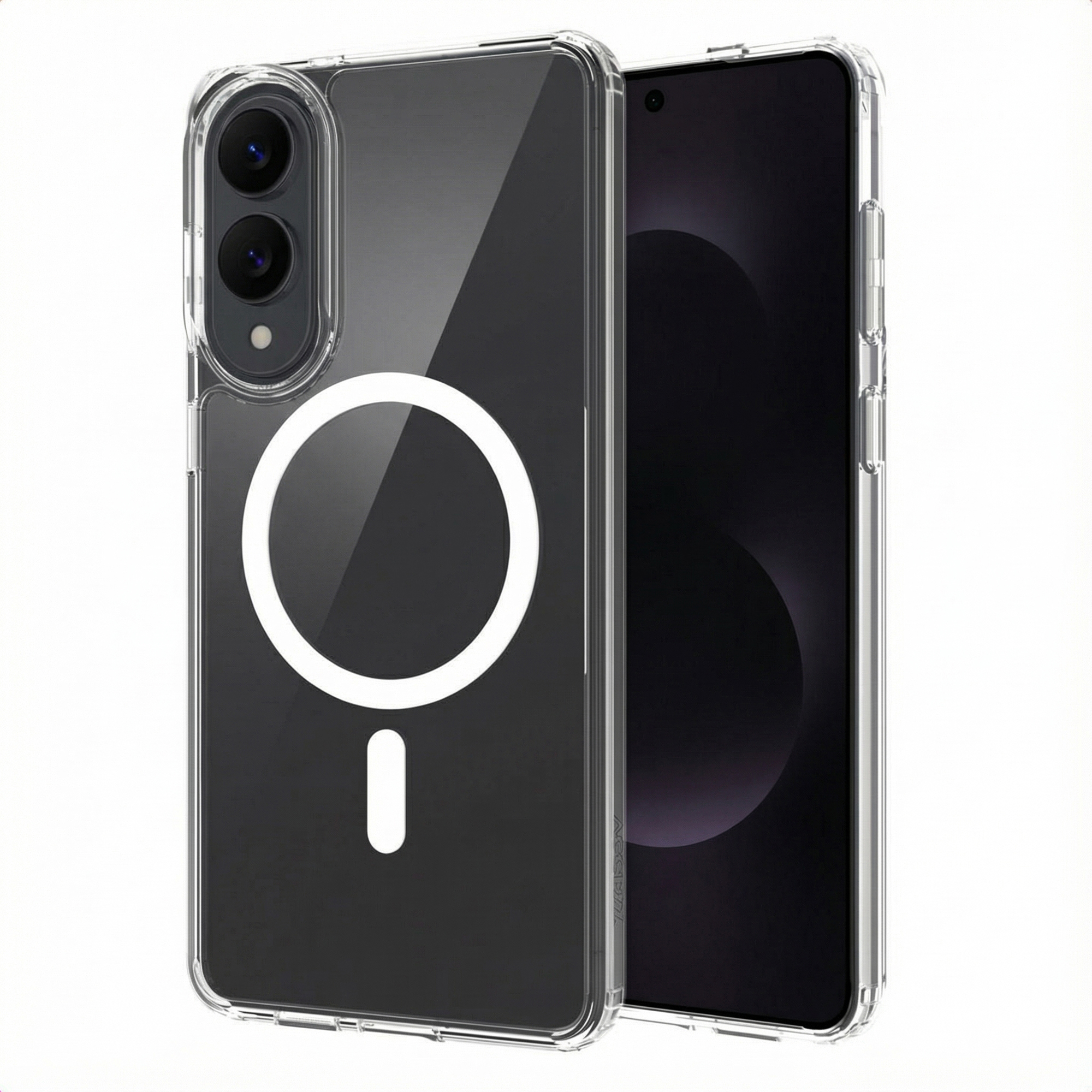 Une coque de téléphone transparente avec un cercle et une ligne blancs au dos, recouvrant un téléphone. Le téléphone a un écran sombre.