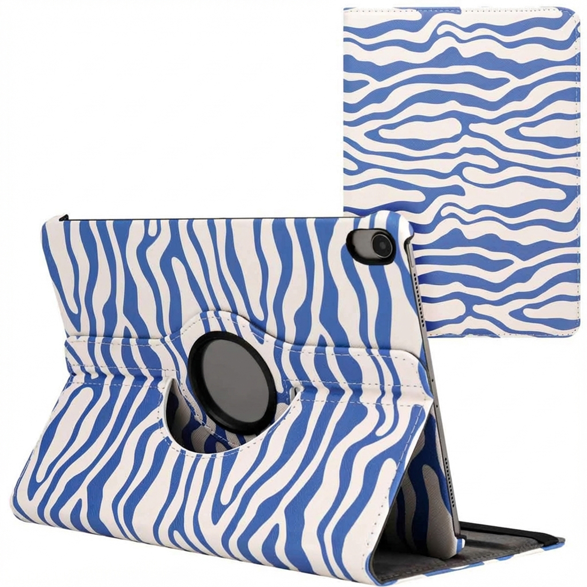 Étui pour tablette avec rayures zébrées bleues et blanches. La housse est ouverte, révélant la tablette. Un autre étui est à droite.