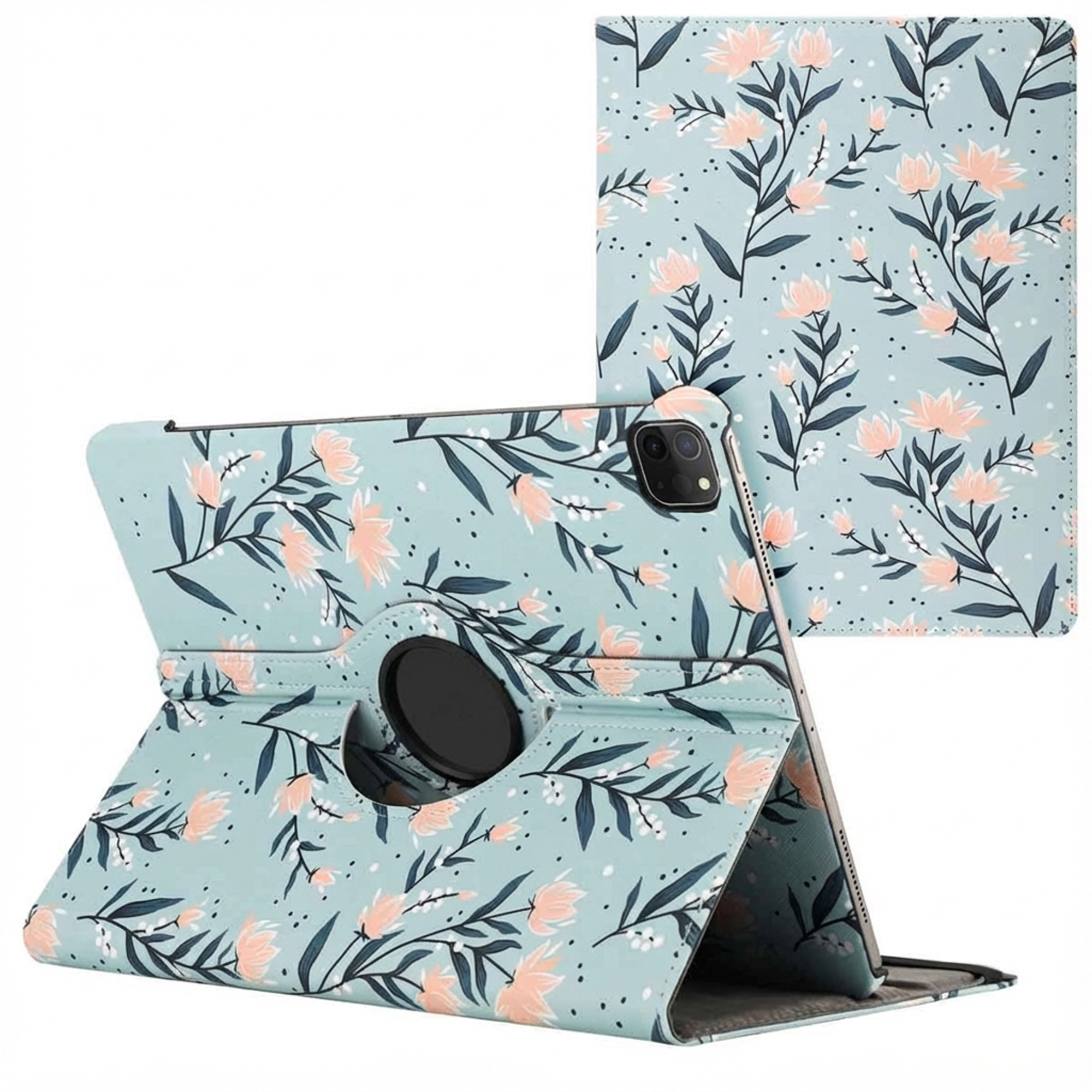 Tablet case in light blue with floral pattern. Case is open, showing the inside. Additional case piece is visible.