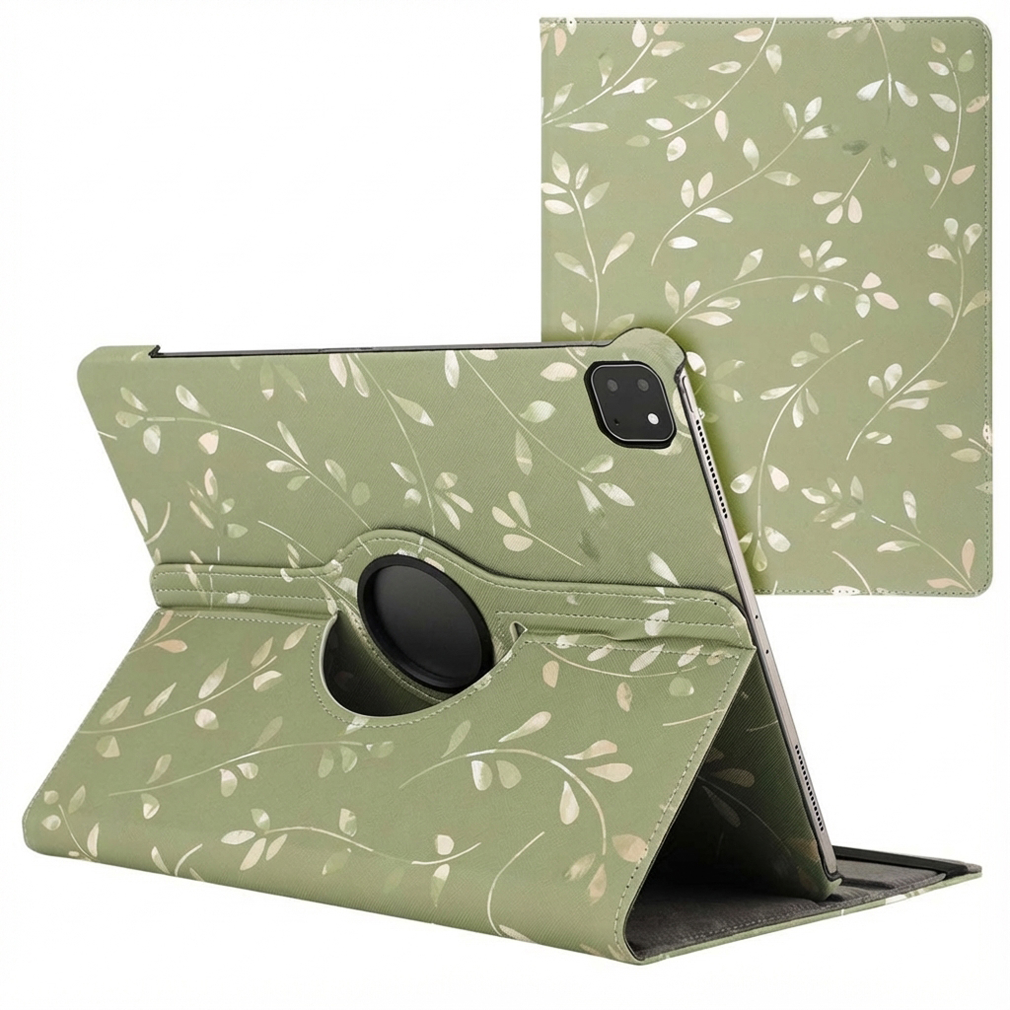 Green patterned tablet case. It has a leaf design. The tablet is in the case, propped open.