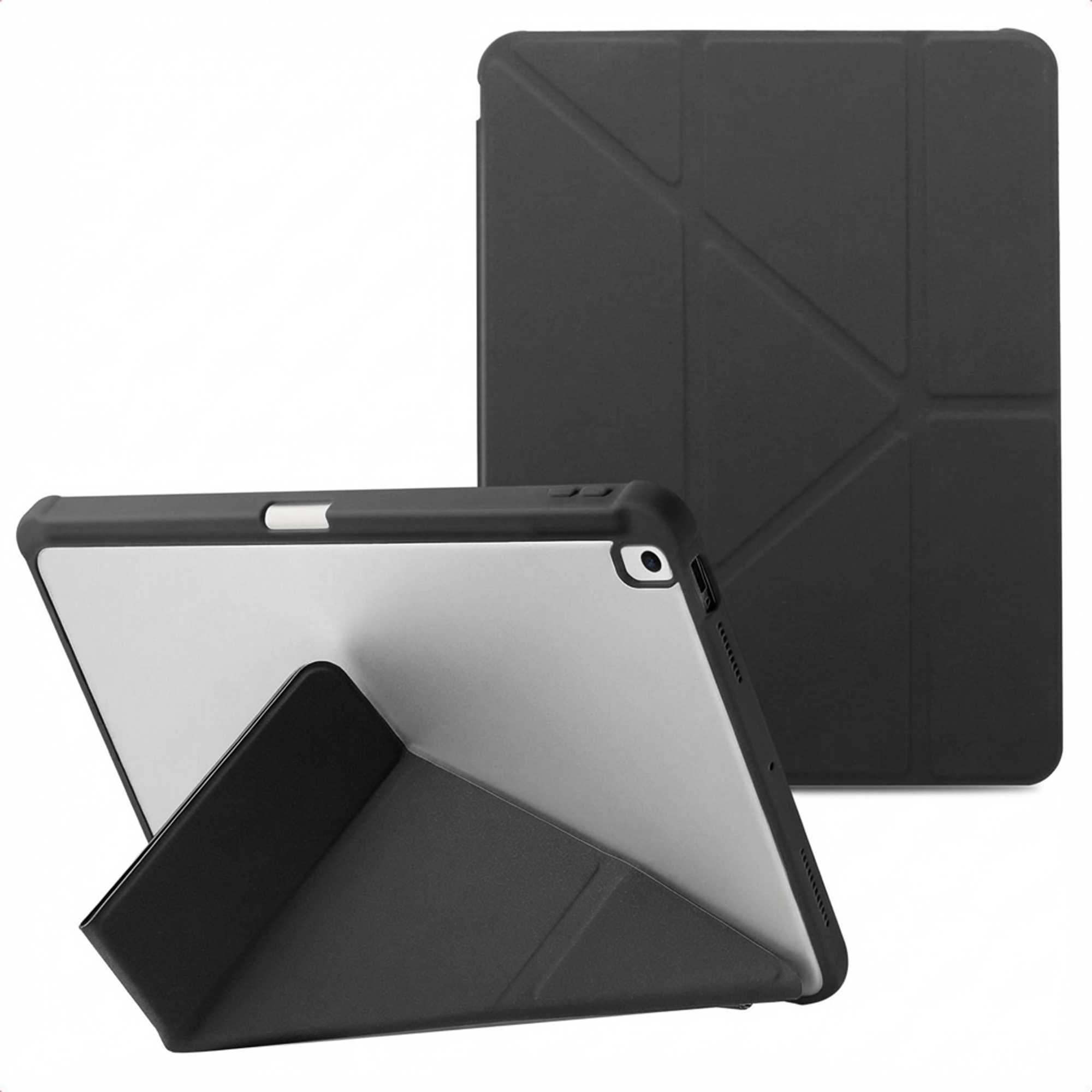 Étui de tablette noir en deux parties. Un ouvert, soutenu; l'autre fermé. La tablette ouverte a un dos argenté.