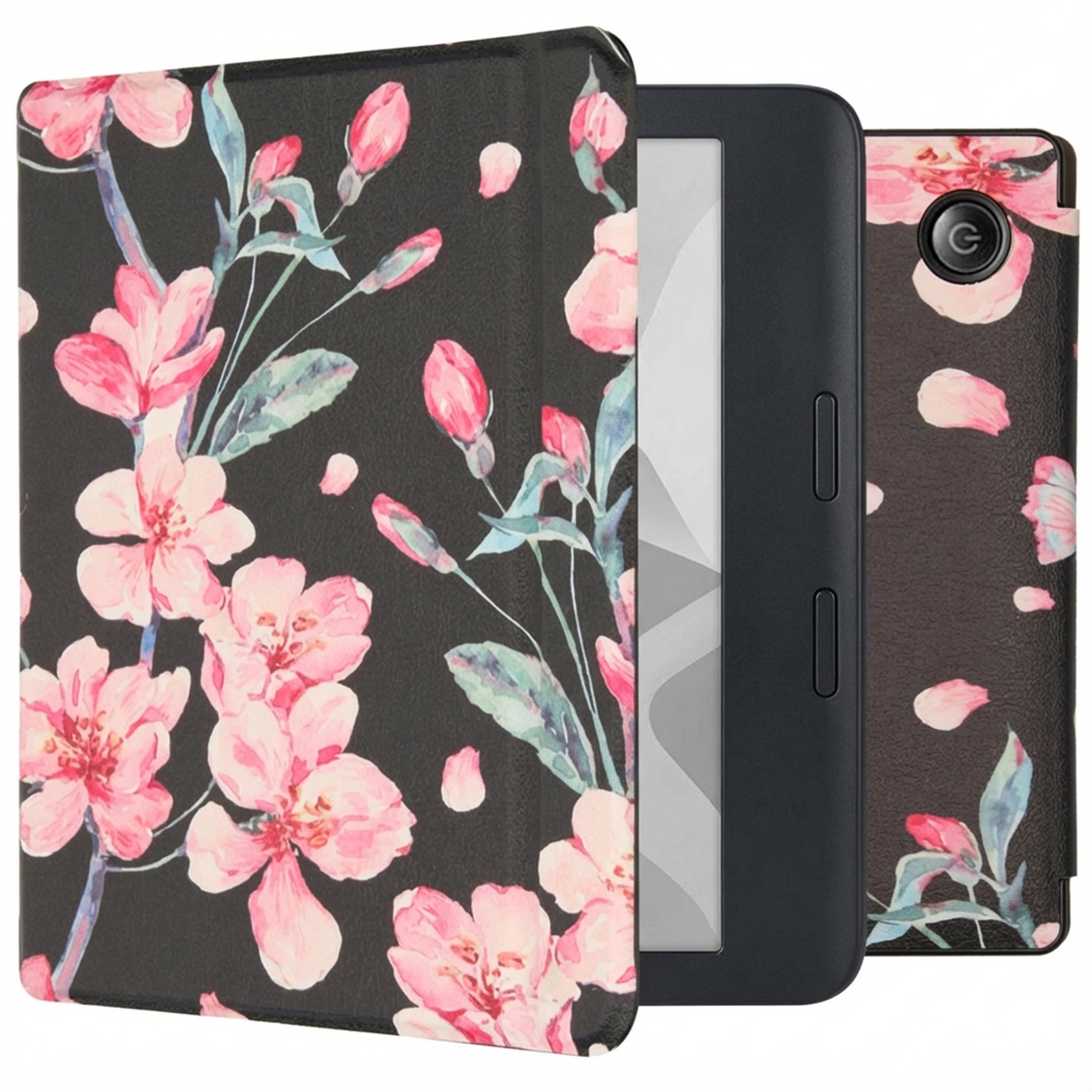 Een e-reader met een zwarte bloemenhoes, met roze bloemen en groene bladeren op een zwarte achtergrond.