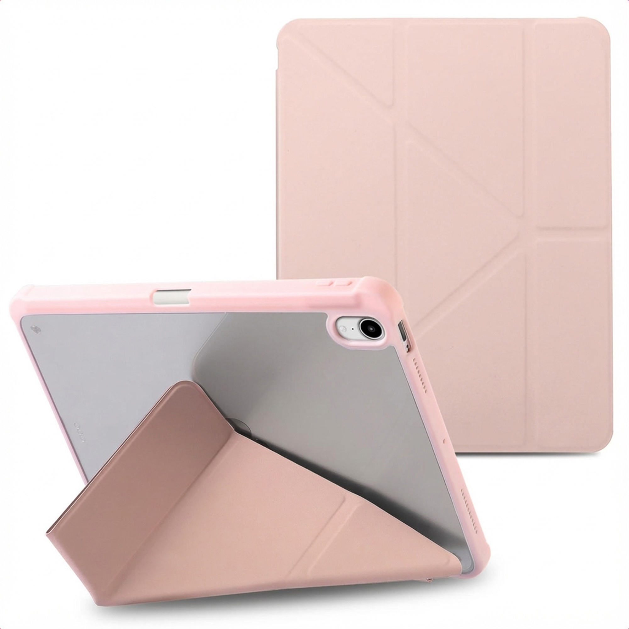 Pink tablet case with a tablet inside, standing upright. Another case is behind it. The background is white.