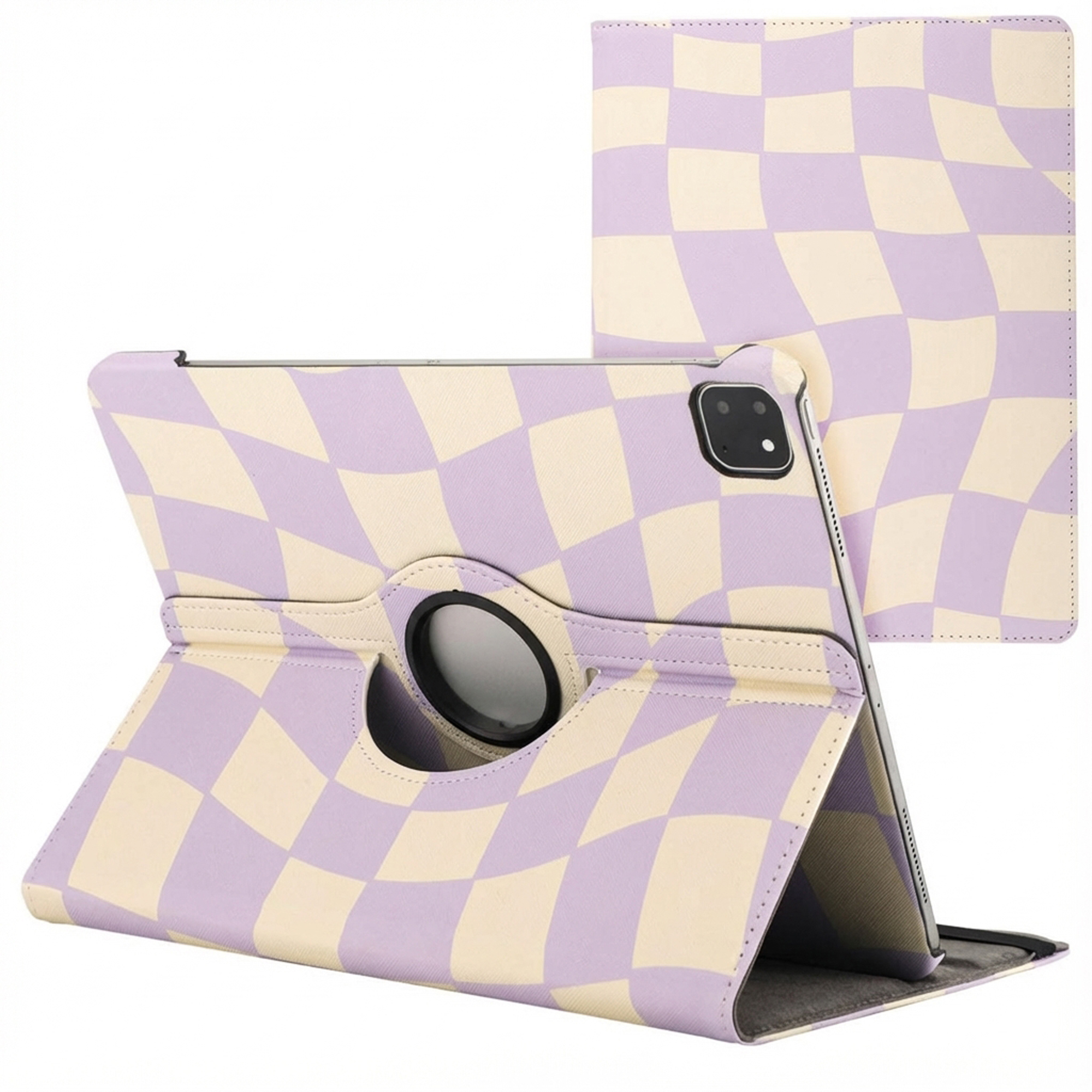 Tablet case in a checkerboard pattern of lavender and cream. The case is open, showing the tablet inside.