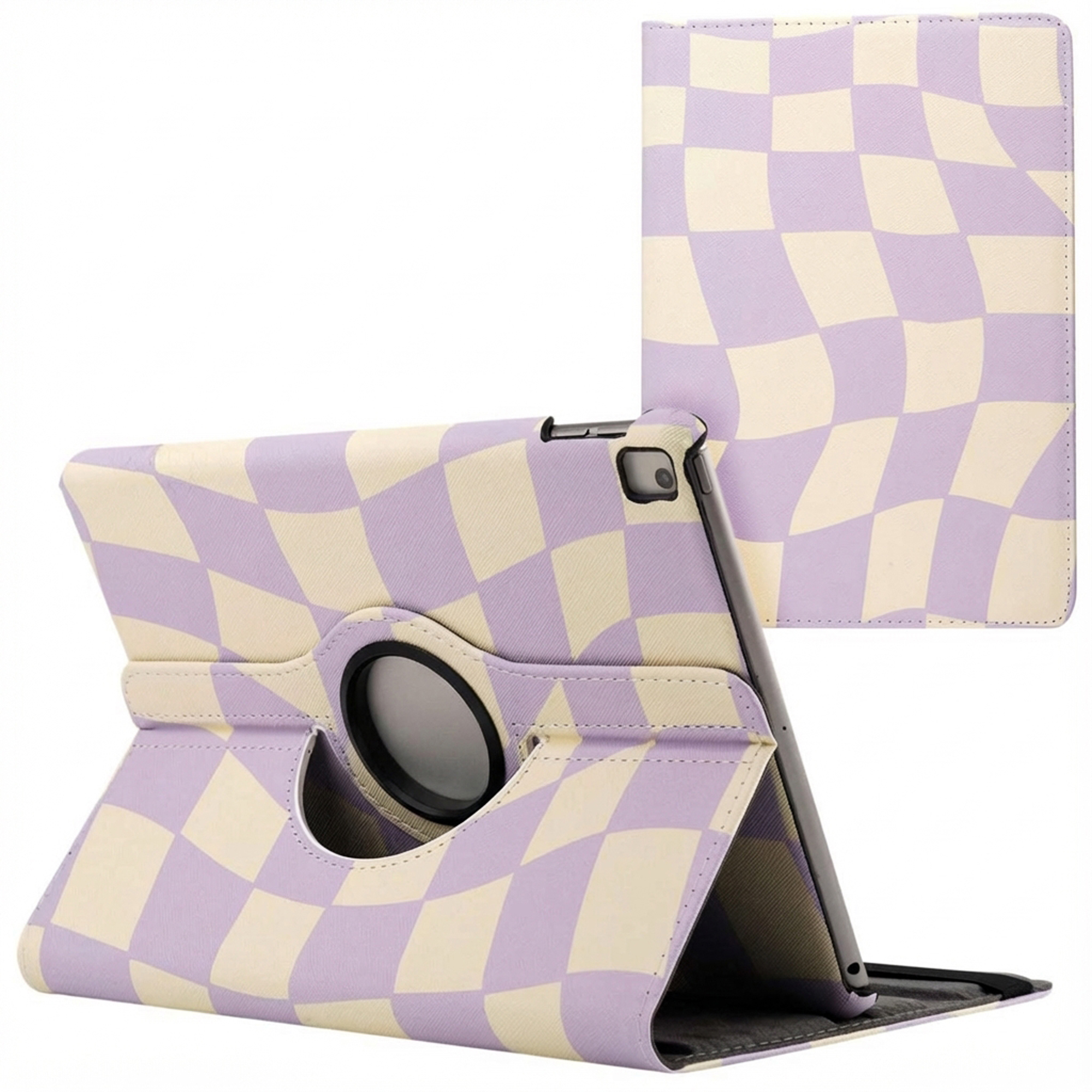 Tablet case with a purple and white checkered pattern. It is open, revealing the tablet inside.