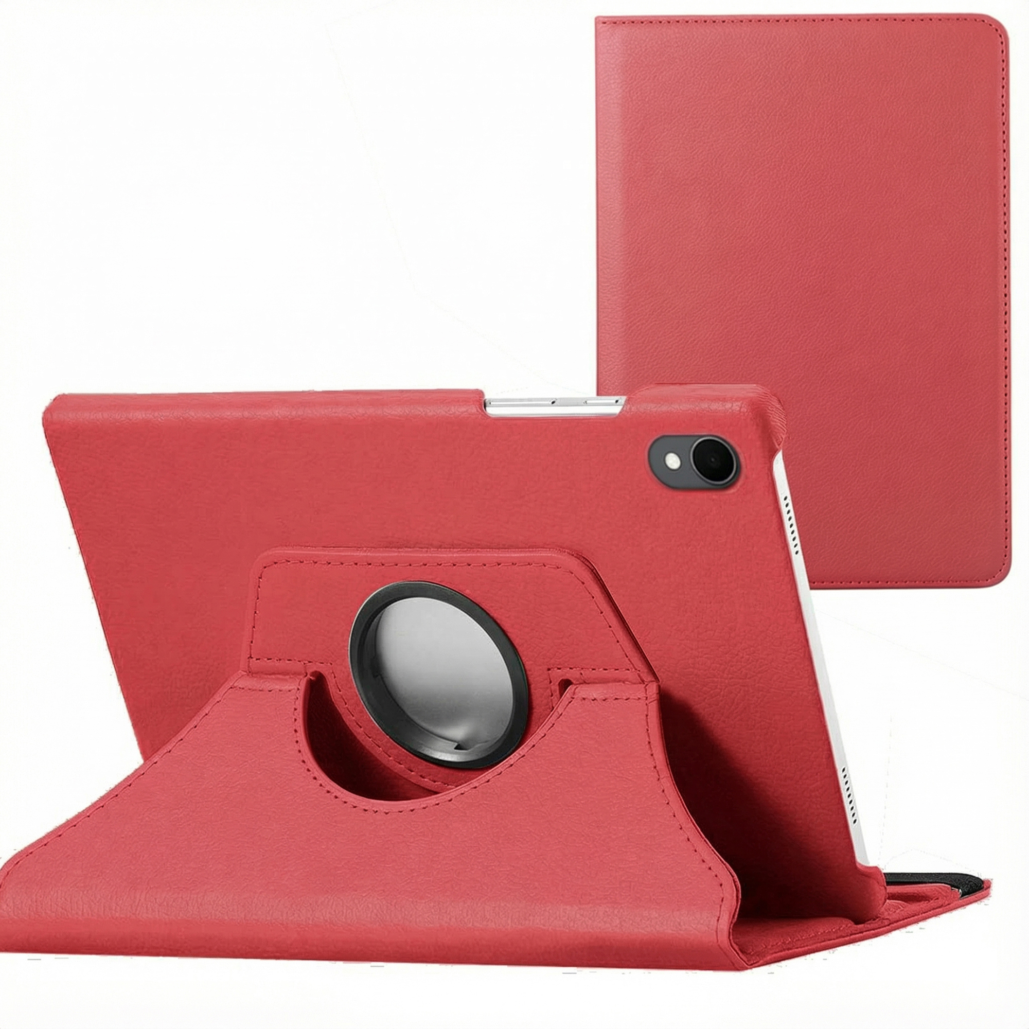Étui de tablette rouge avec support. L'étui est ouvert, montrant la tablette. Un étui fermé est derrière.