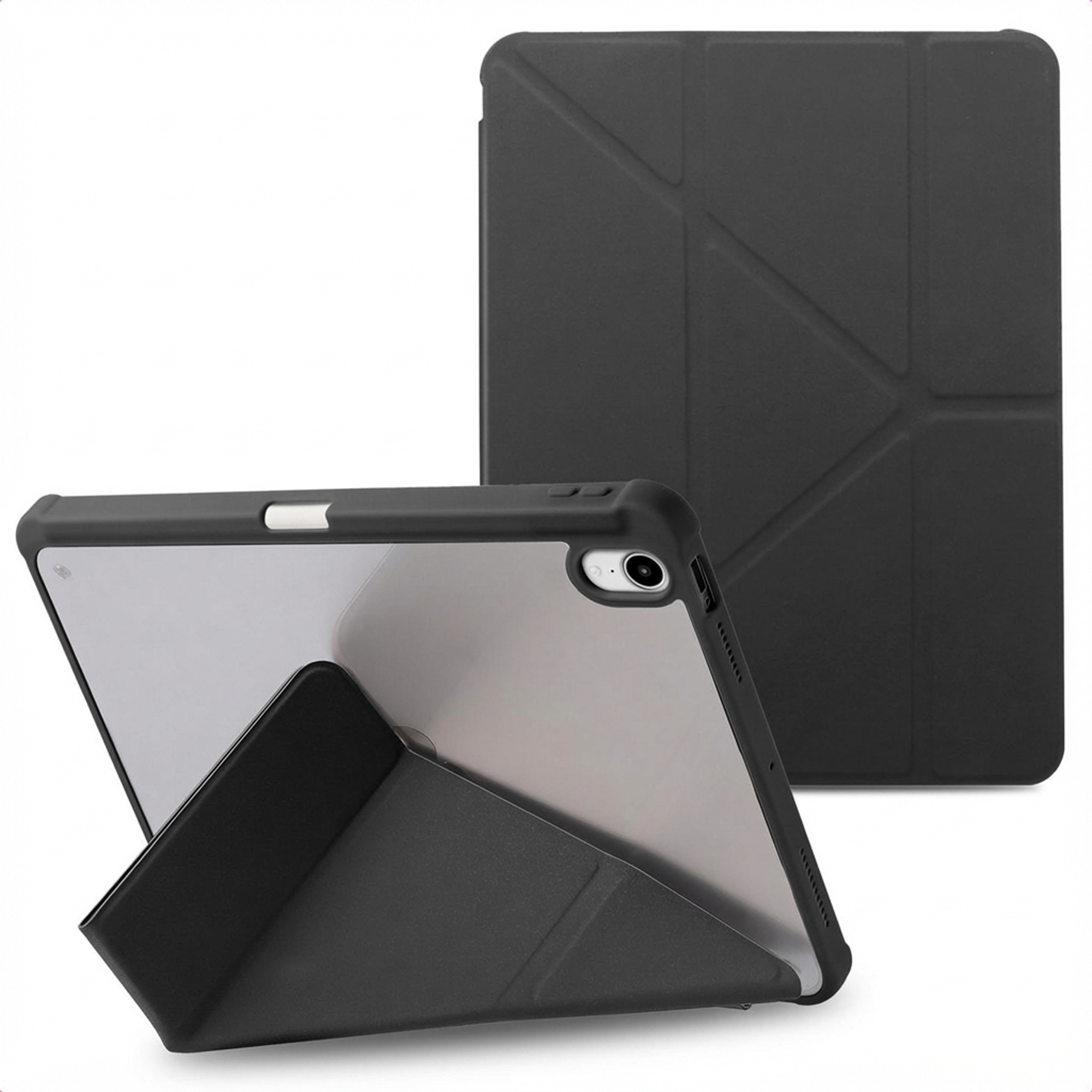 Black tablet case with a stand. Another case is behind it. Both are on a white background. 