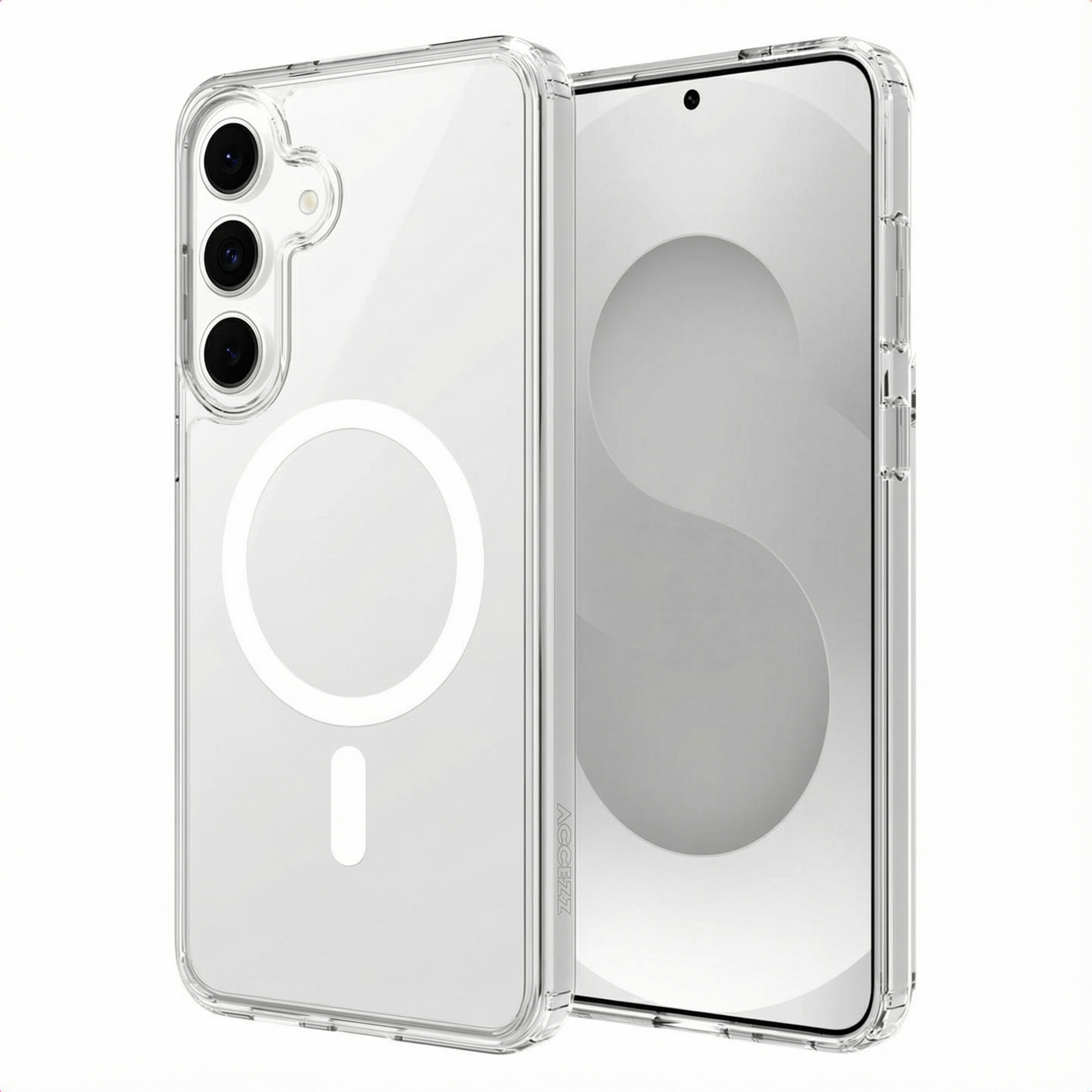 Transparante telefoonhoes en telefoon op witte achtergrond. Hoes heeft camera-uitsparingen en een cirkelvormig ontwerp.