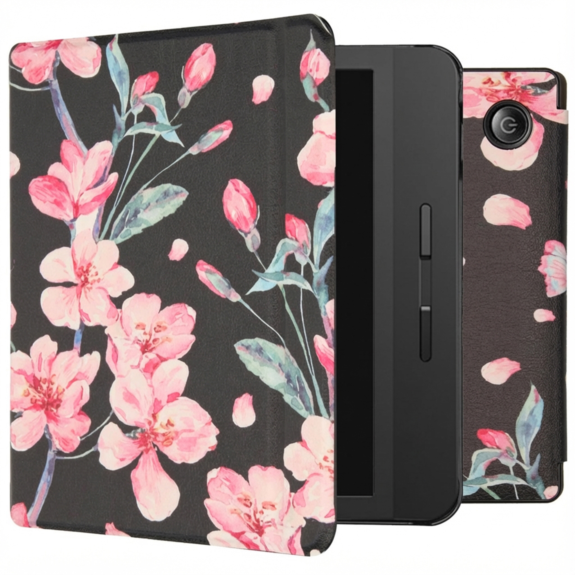 Zwarte e-reader met bloemenhoes. Roze bloemen en knoppen op zwarte achtergrond. De e-reader is open.