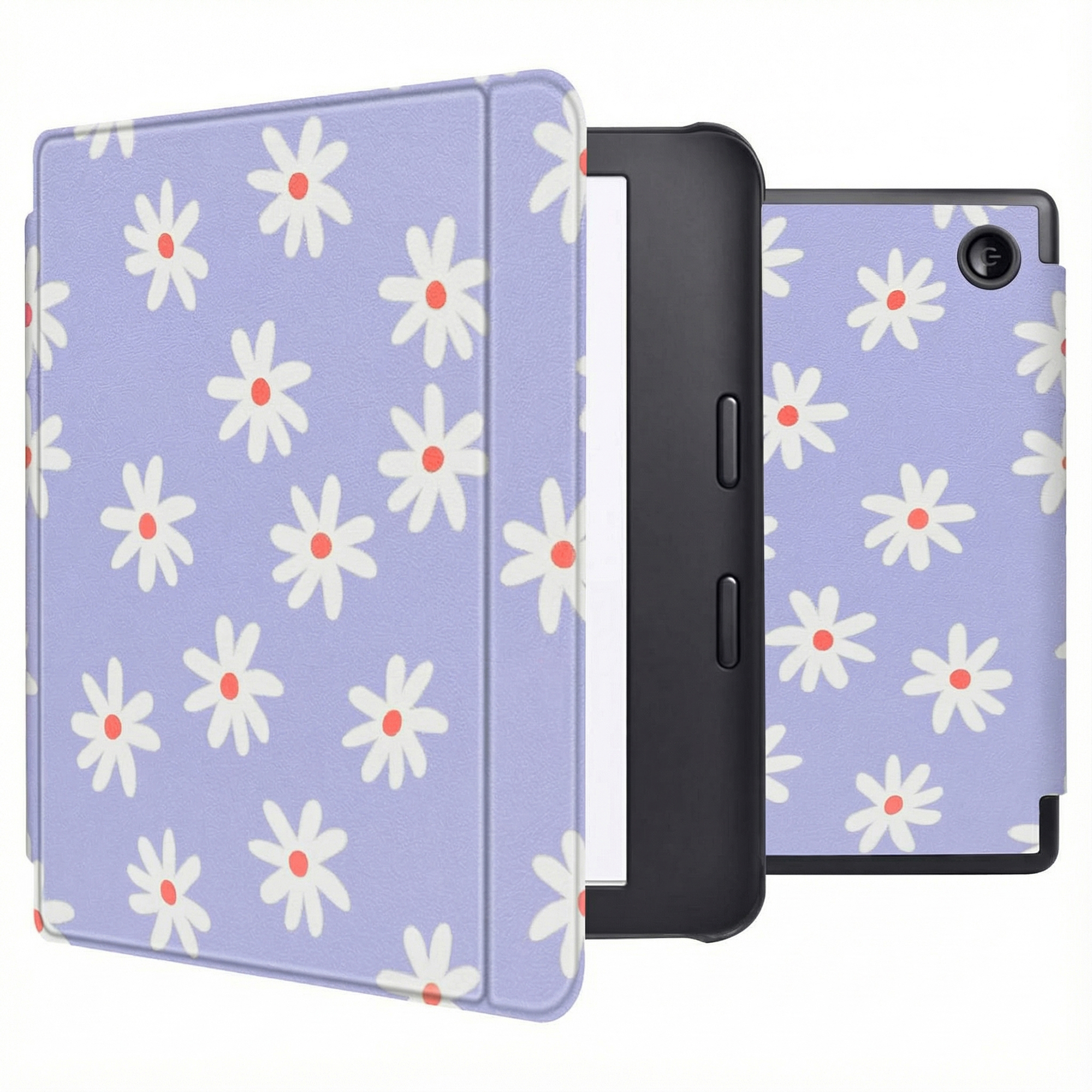 Kindle avec étui marguerite. L'étui est violet clair avec des fleurs de marguerite blanches et des centres rouges. Le Kindle est noir.