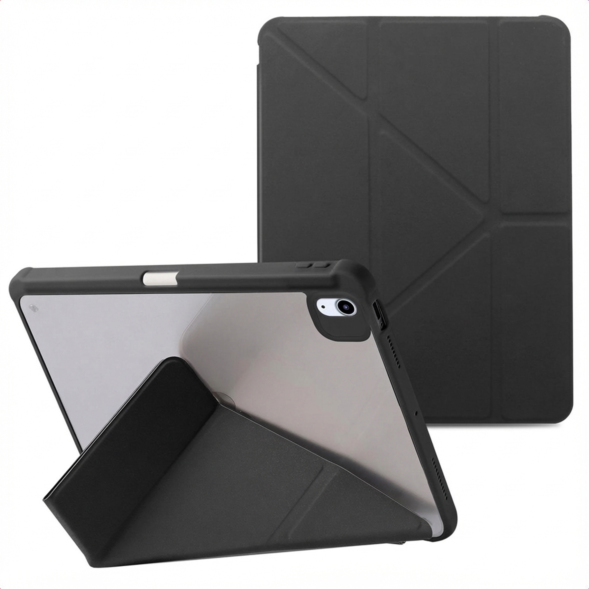 Zwarte tablethoes in twee delen. Eén open, met tablet erin. De andere gesloten met een geometrisch patroon.