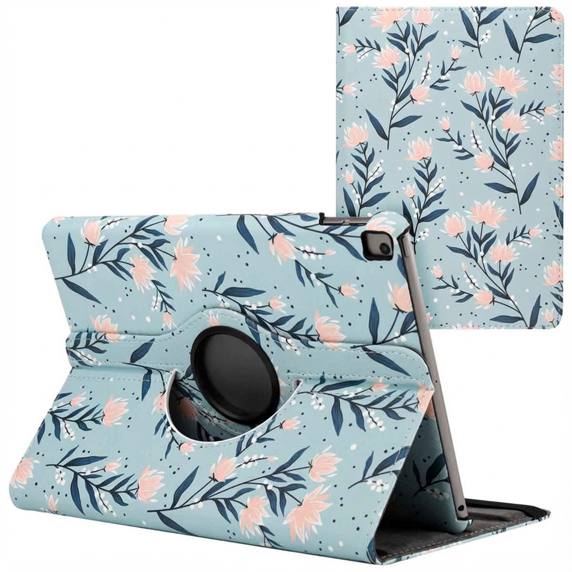 A tablet case with a floral pattern in blue and pink. The case is open, showing the tablet inside.