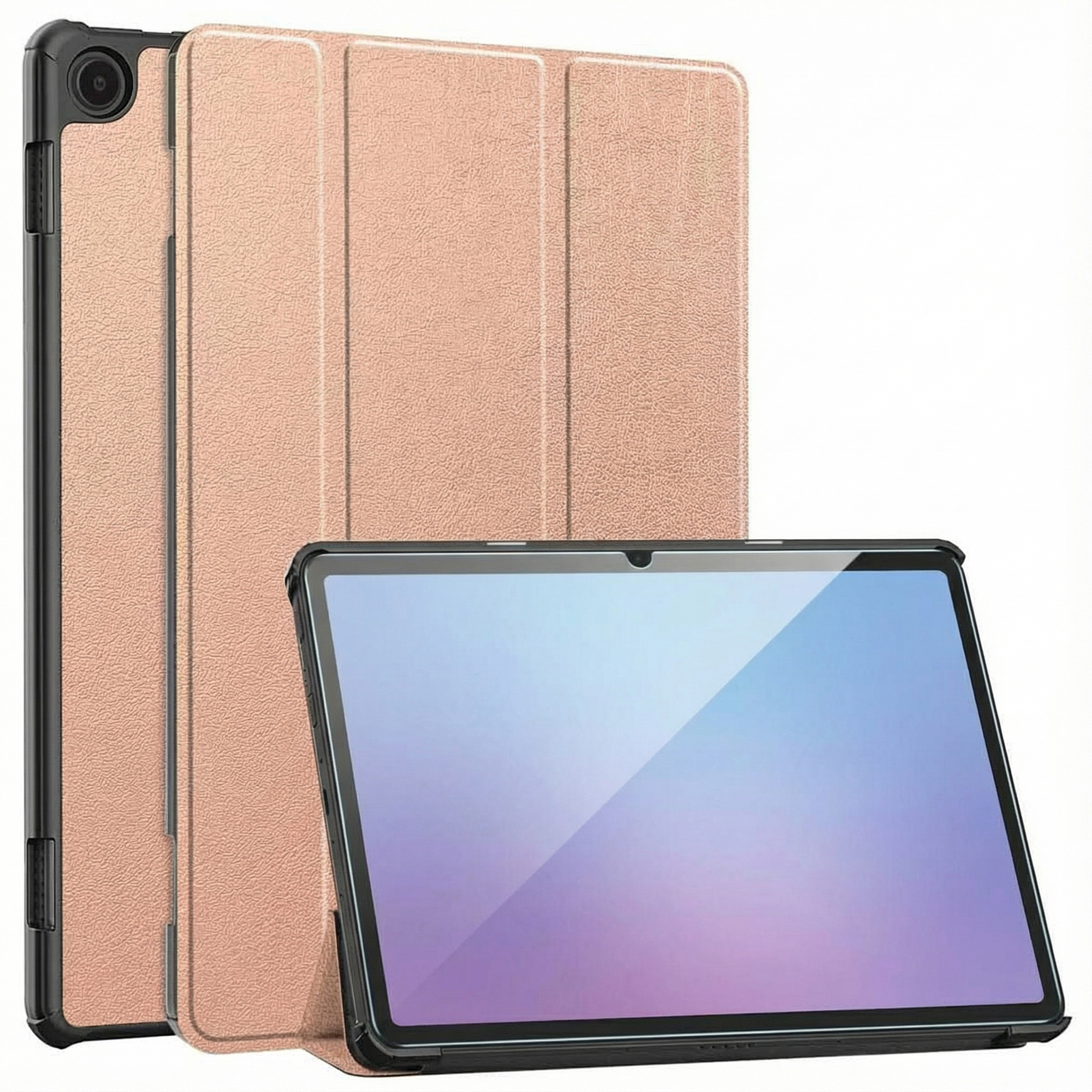 A tablet in a rose-gold case, with the screen visible. Two other case parts stand behind it.