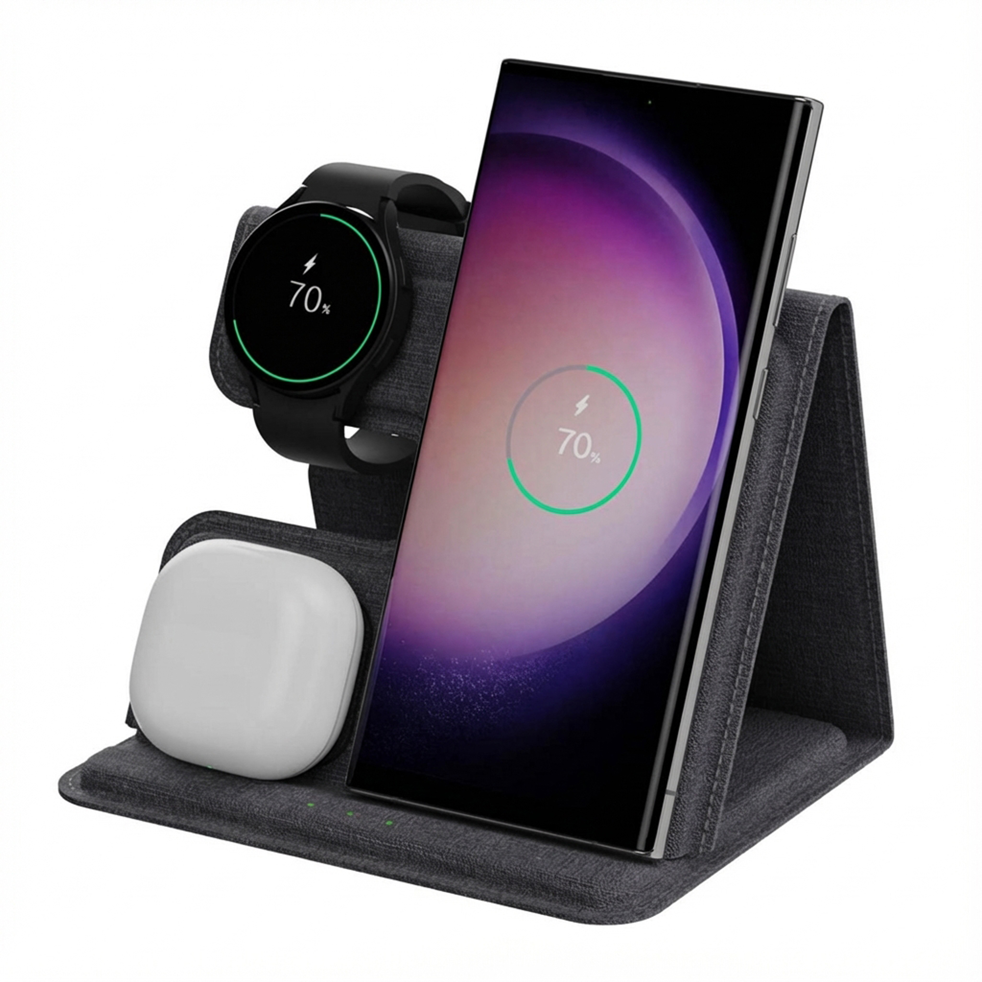 Een oplaadstation met telefoon, horloge en oortelefoons. De telefoon en het horloge tonen 70% lading. Alles is zwart.