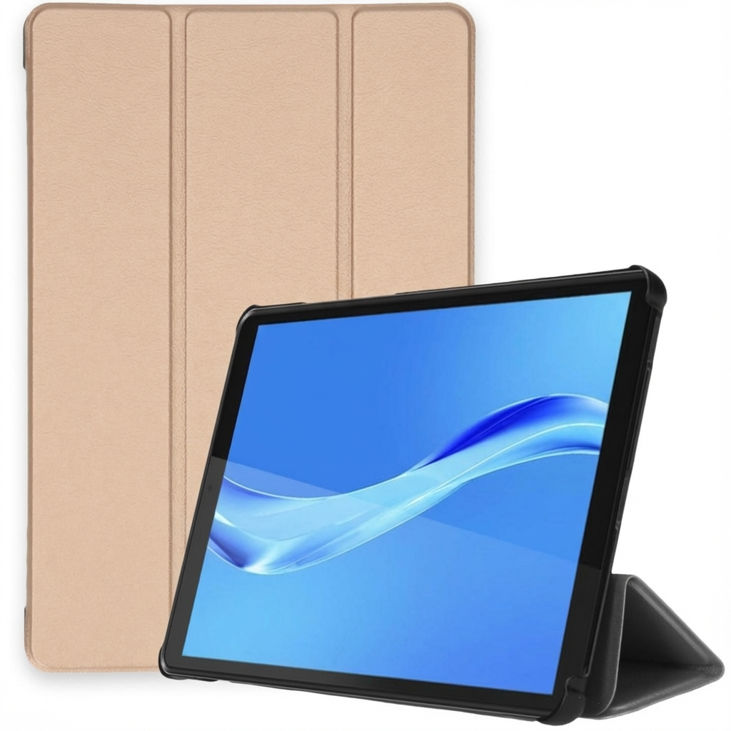 A tablet with a blue screen is propped up by a black case. A beige case stands behind it.