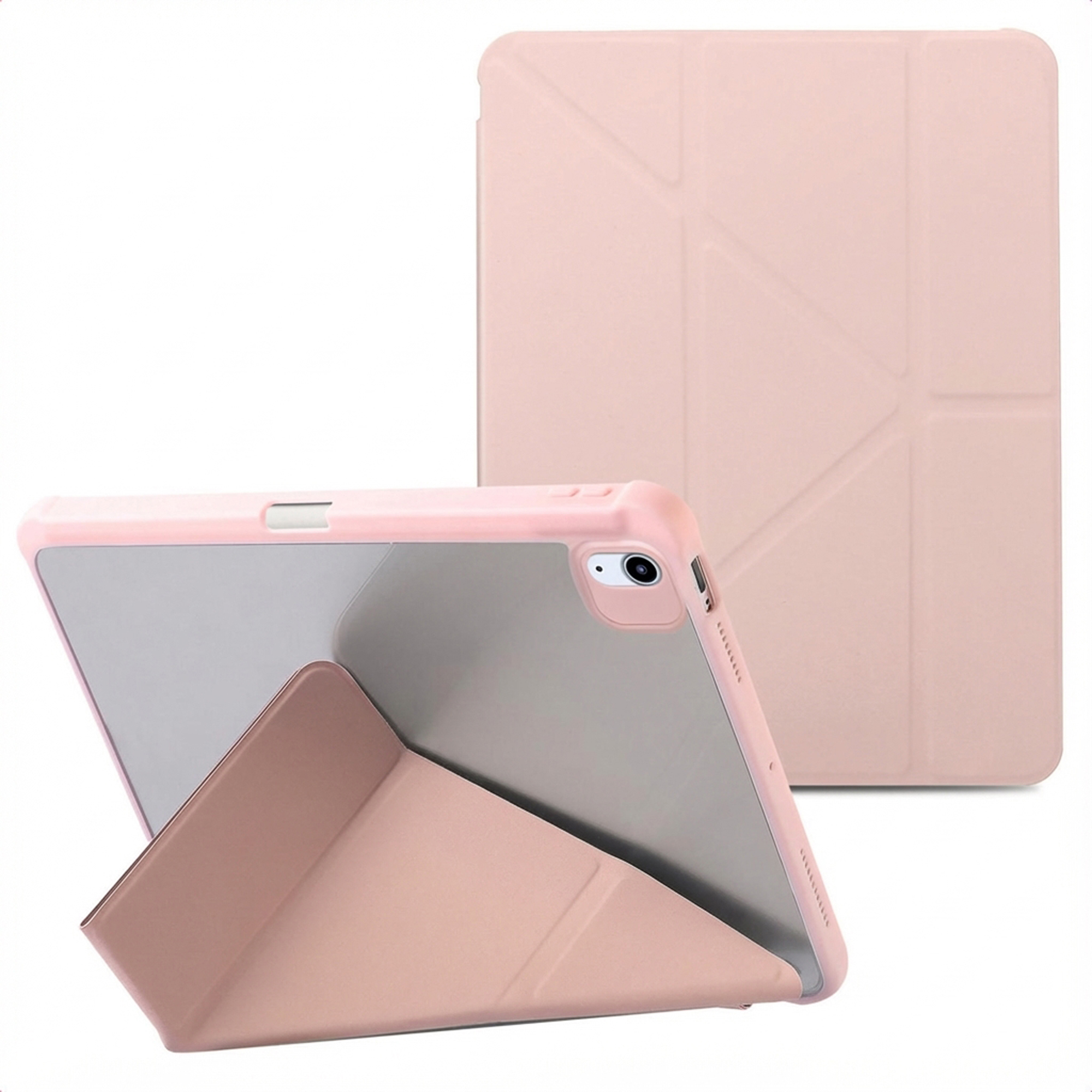 A pink iPad case is propped open, with another standing upright in the background. Both are pink.