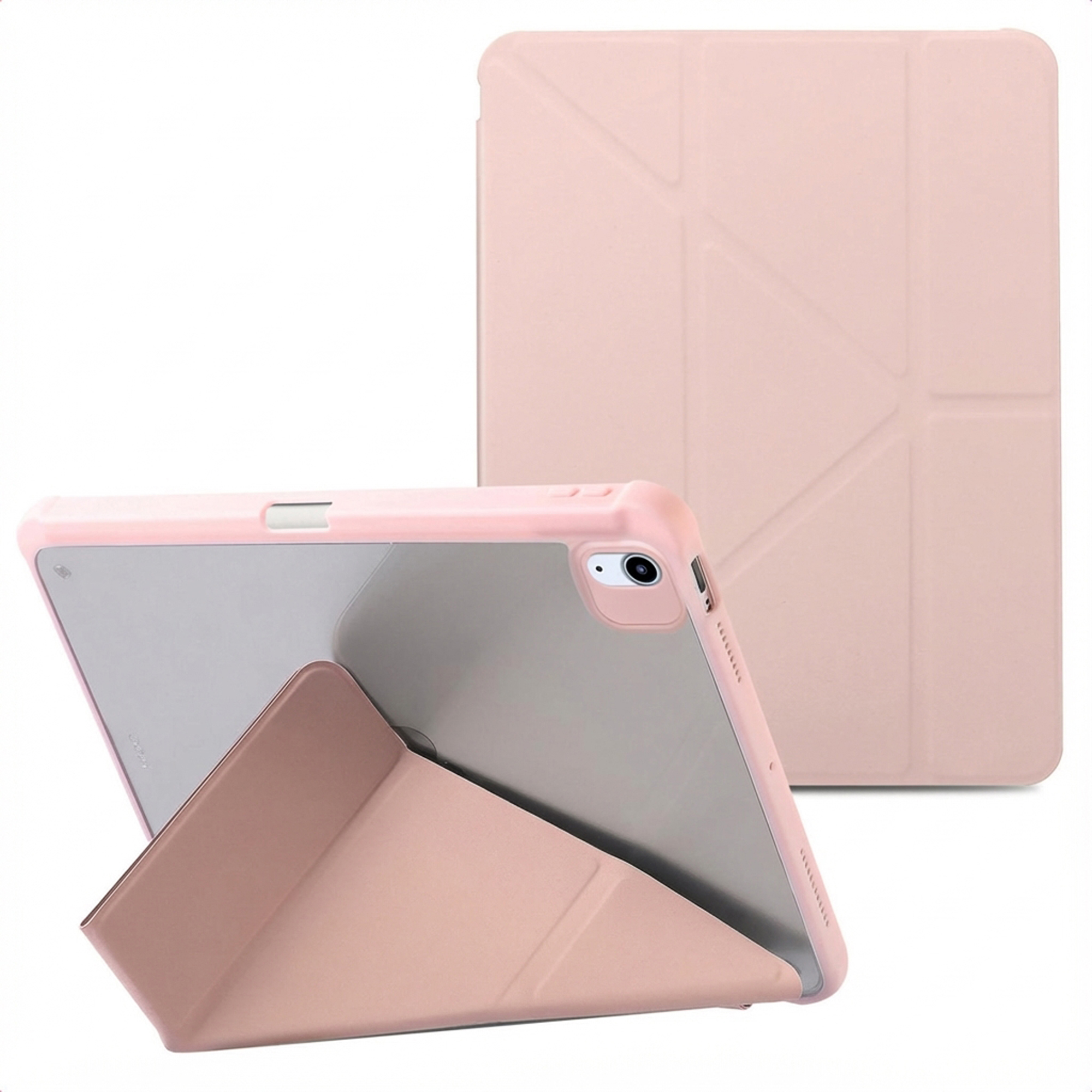 Roze tablet met hoes, onder een hoek om het scherm en het ontwerp van de hoes te laten zien. Een andere hoes staat achterin.