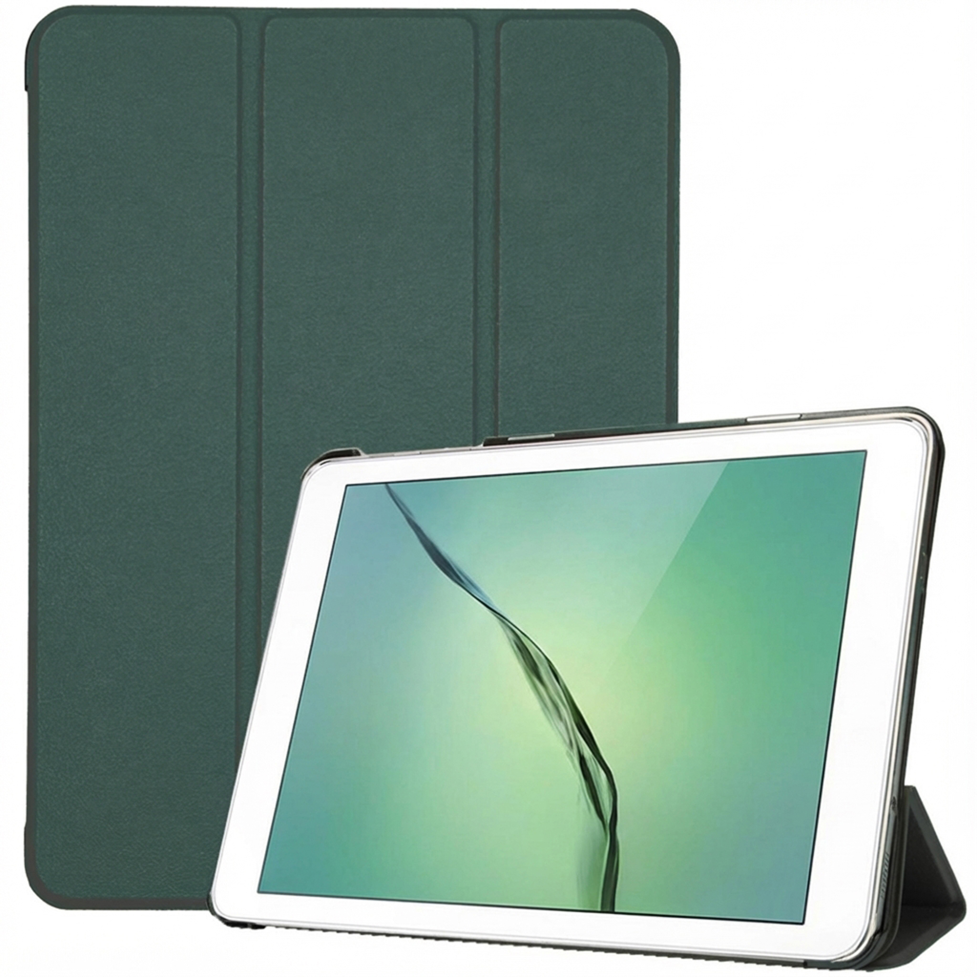 Tablet in een groene hoes, naast een gesloten hoes. Het tabletscherm is zichtbaar met een lichtgroene kleur.