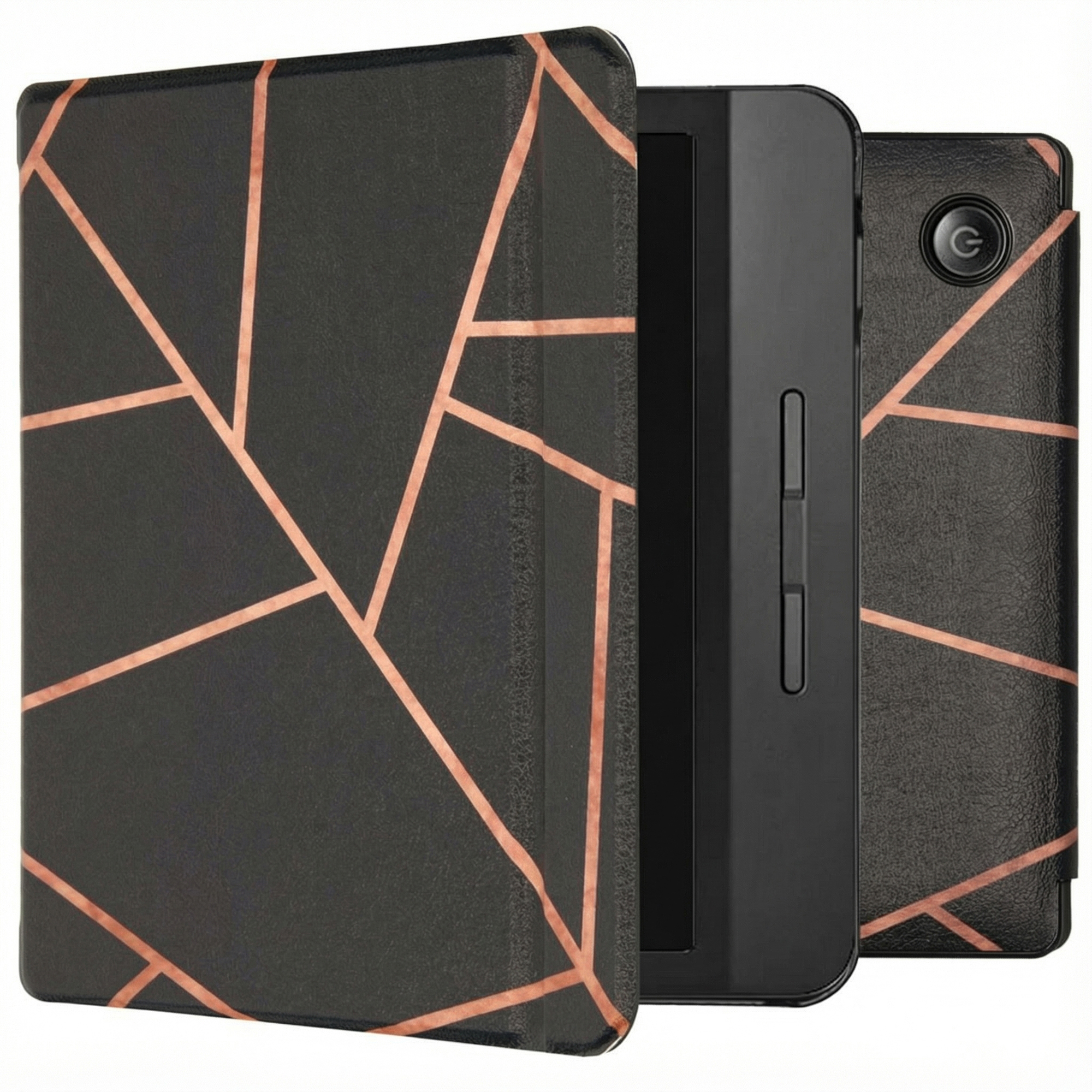 Une tablette noire avec un design géométrique cuivré sur la couverture. La tablette est ouverte, révélant l'écran et les boutons.