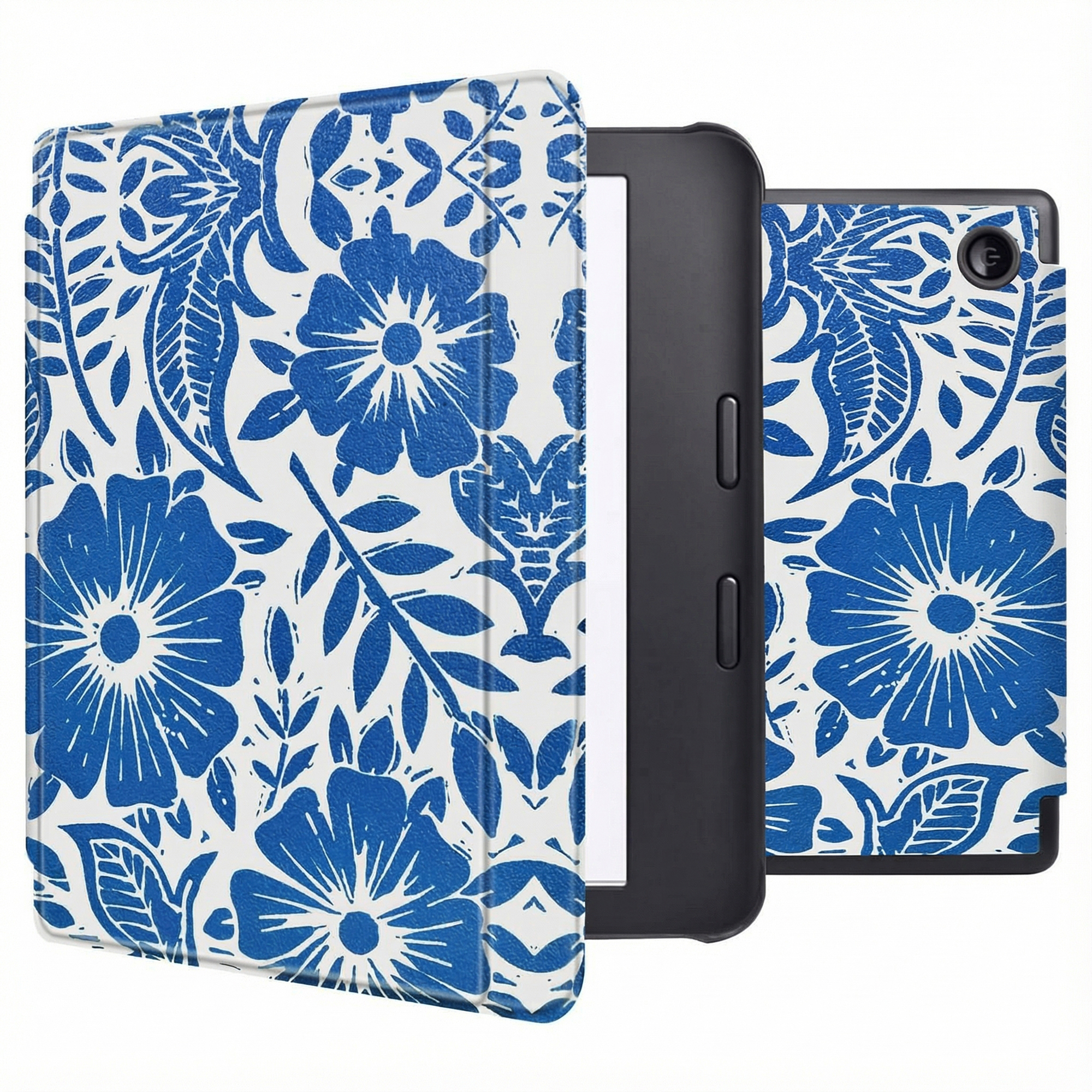 Un lecteur ebook avec une housse bleue à motifs floraux sur fond blanc.