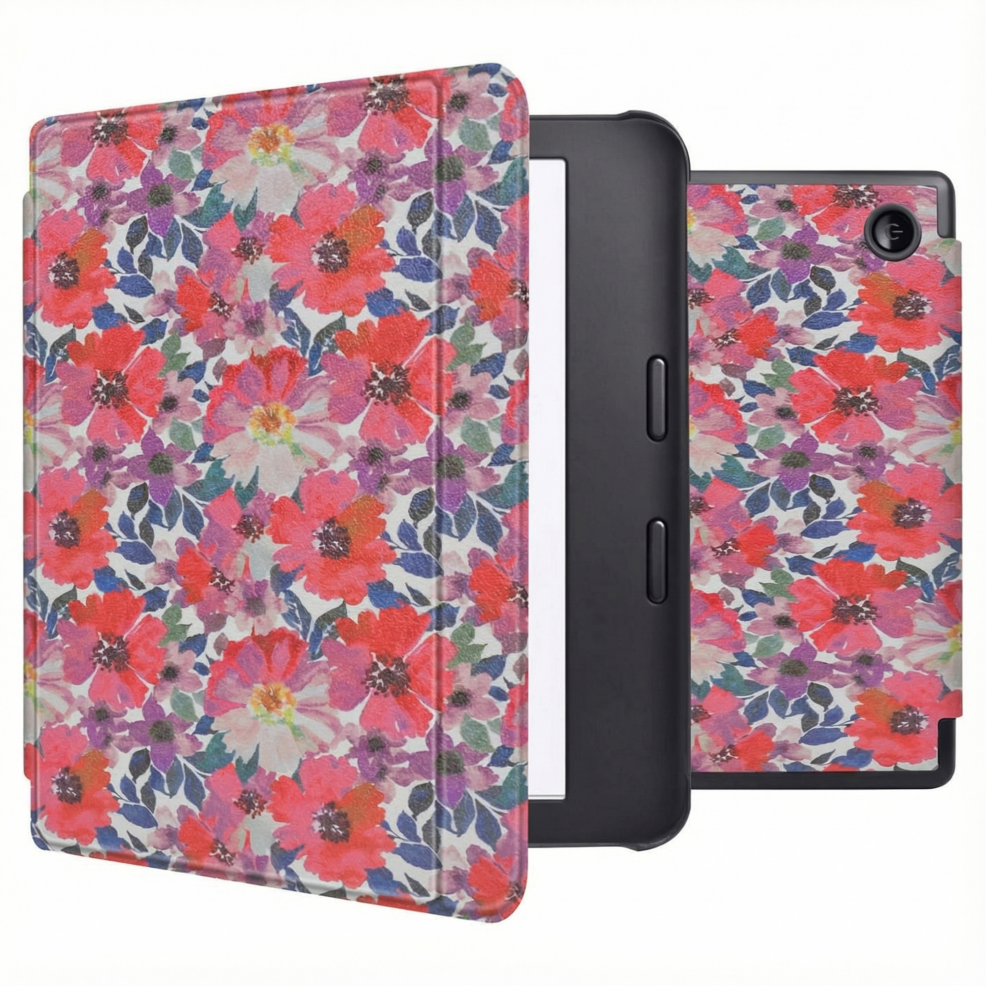 Un étui Kindle avec un motif floral. L'étui est ouvert, révélant le lecteur électronique noir. Fleurs rouges, roses et violettes.