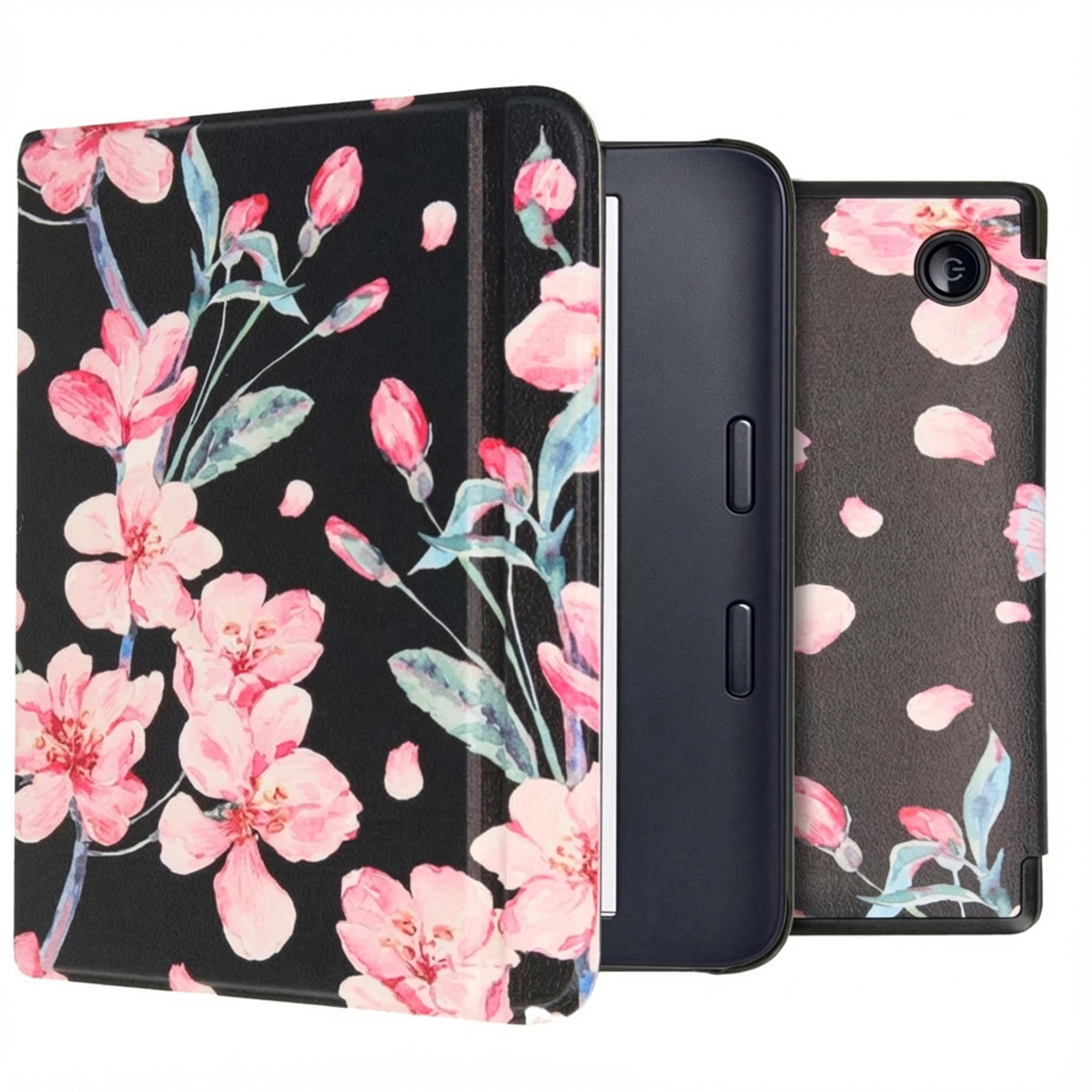 Étui de liseuse noir avec motif floral rose. Comprend une couverture et la liseuse. Fleurs et pétales sont visibles.