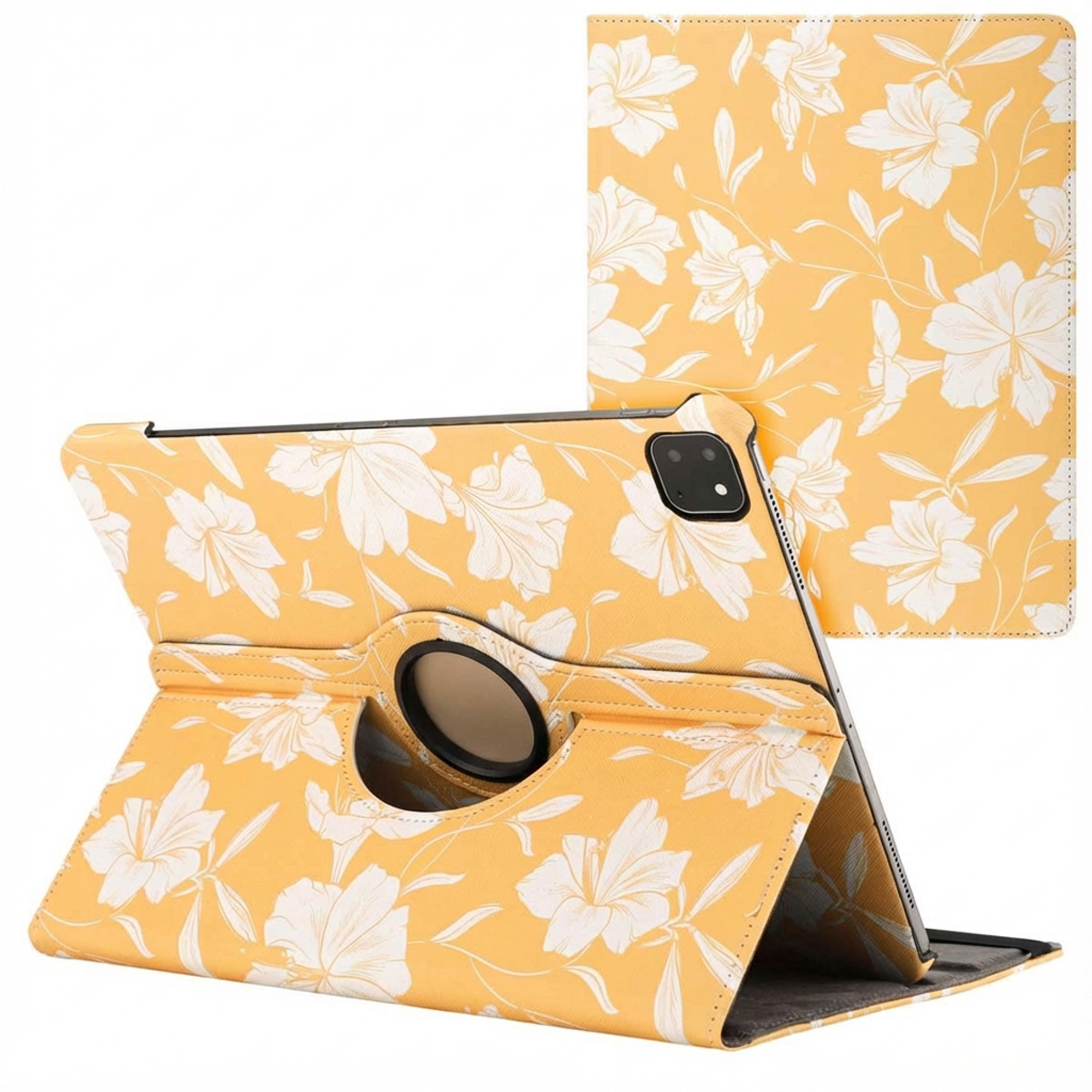 Yellow tablet case with white floral pattern. Case is open, holding a tablet. Background shows a detached piece.