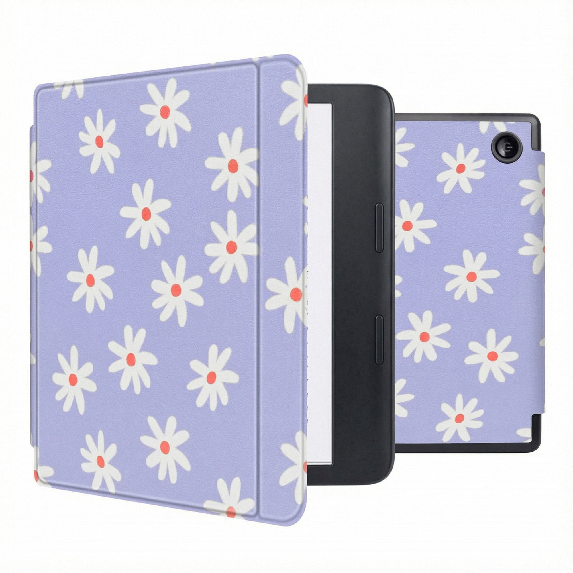 Une liseuse avec une couverture violette ornée de marguerites. La couverture est ouverte, affichant l'écran. Le fond est blanc.