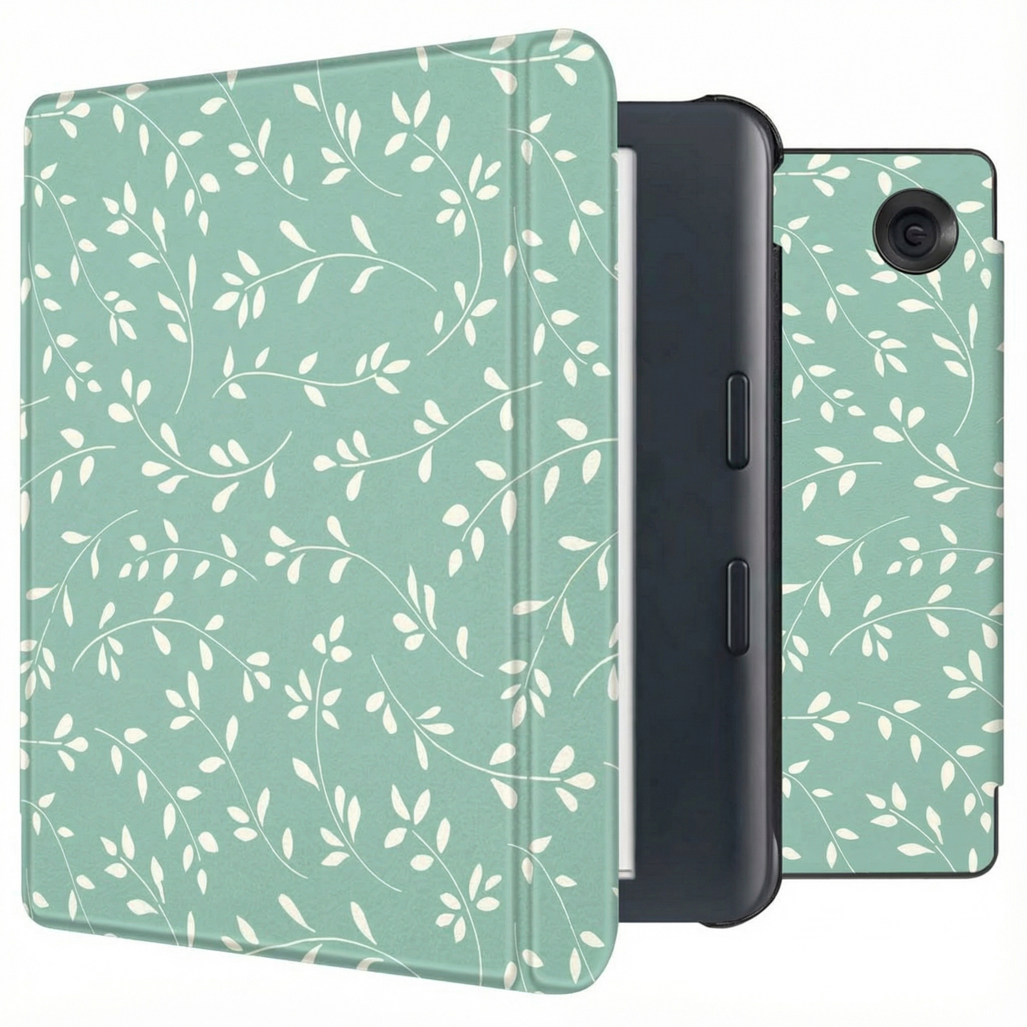 Une liseuse avec un étui floral vert menthe. Des feuilles blanches ornent l'étui. Le lecteur est noir.