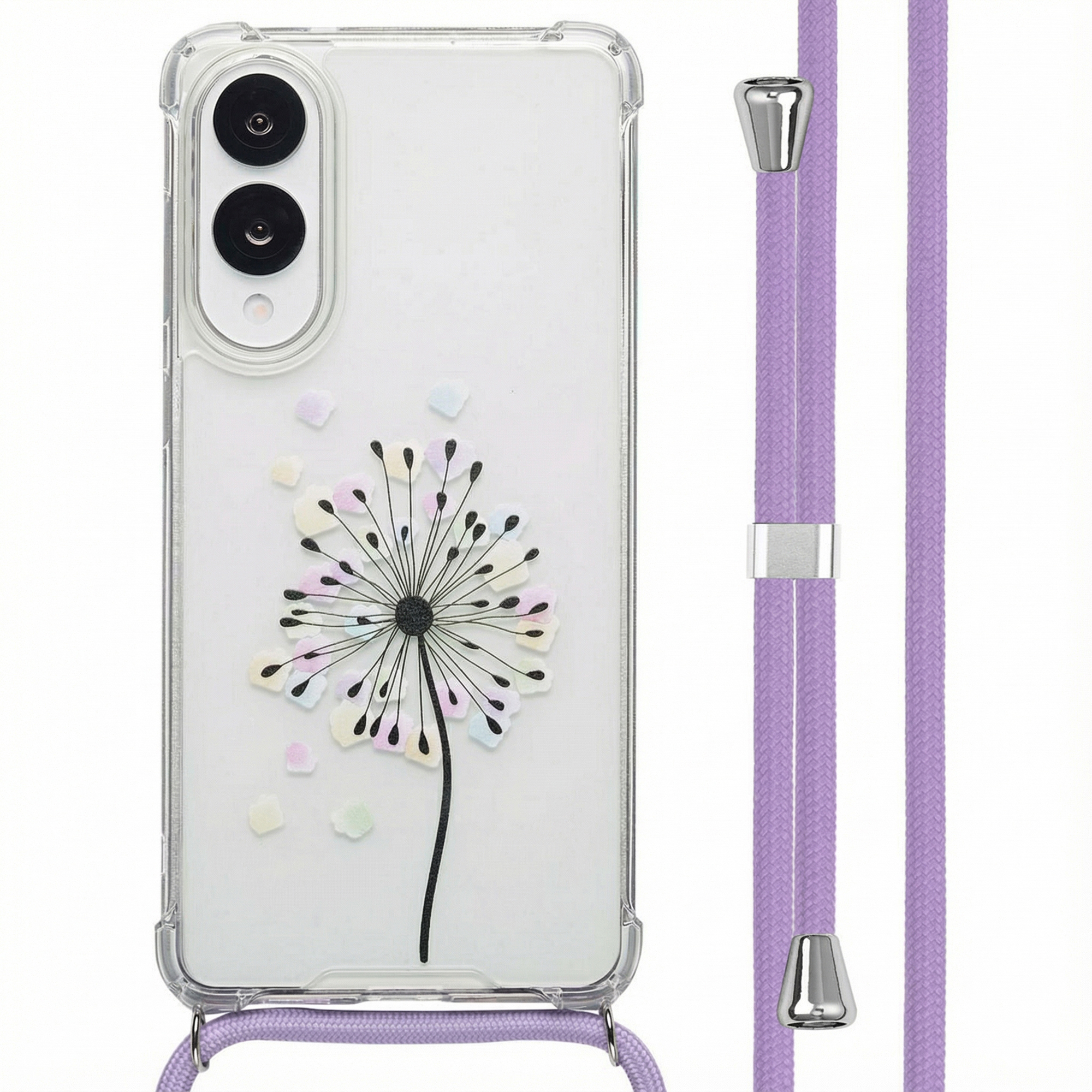 Een telefoonhoesje met een bloemenontwerp en een paars koord. De hoes is transparant en het koord heeft zilveren details.