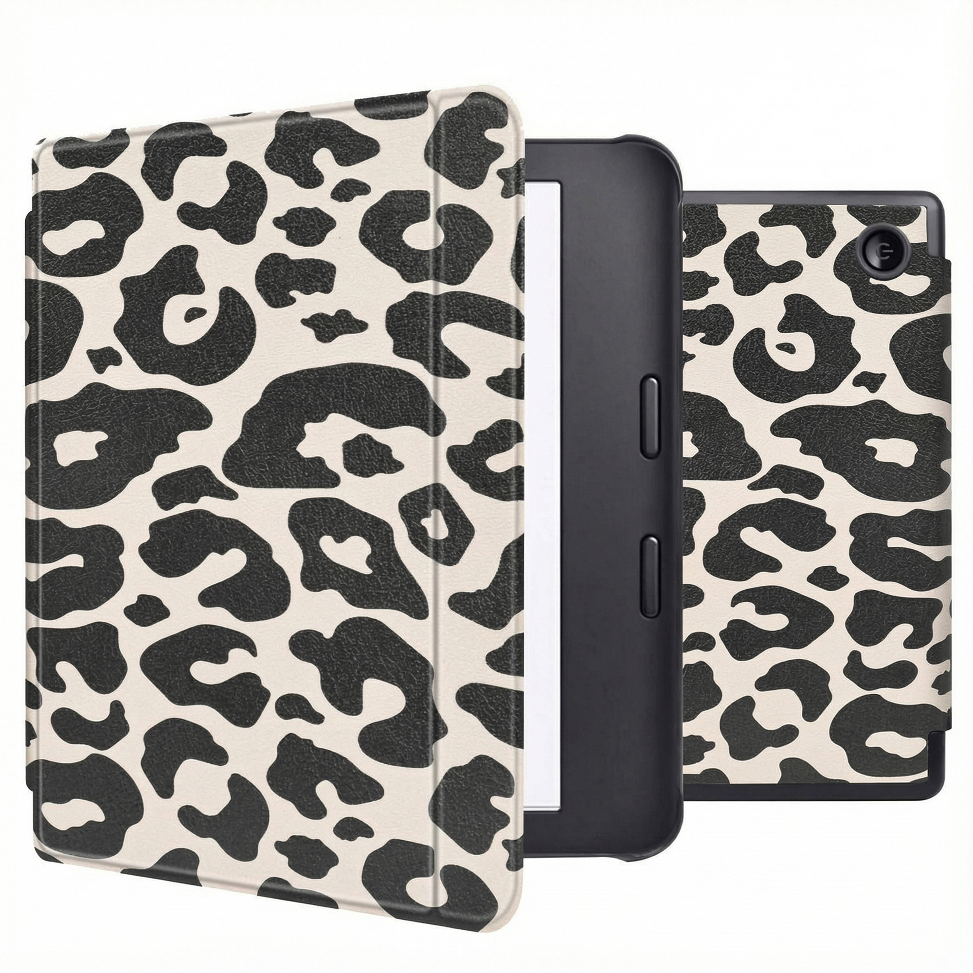 Étui Kindle à imprimé léopard. Appareil noir avec le couvercle ouvert. Fond blanc.