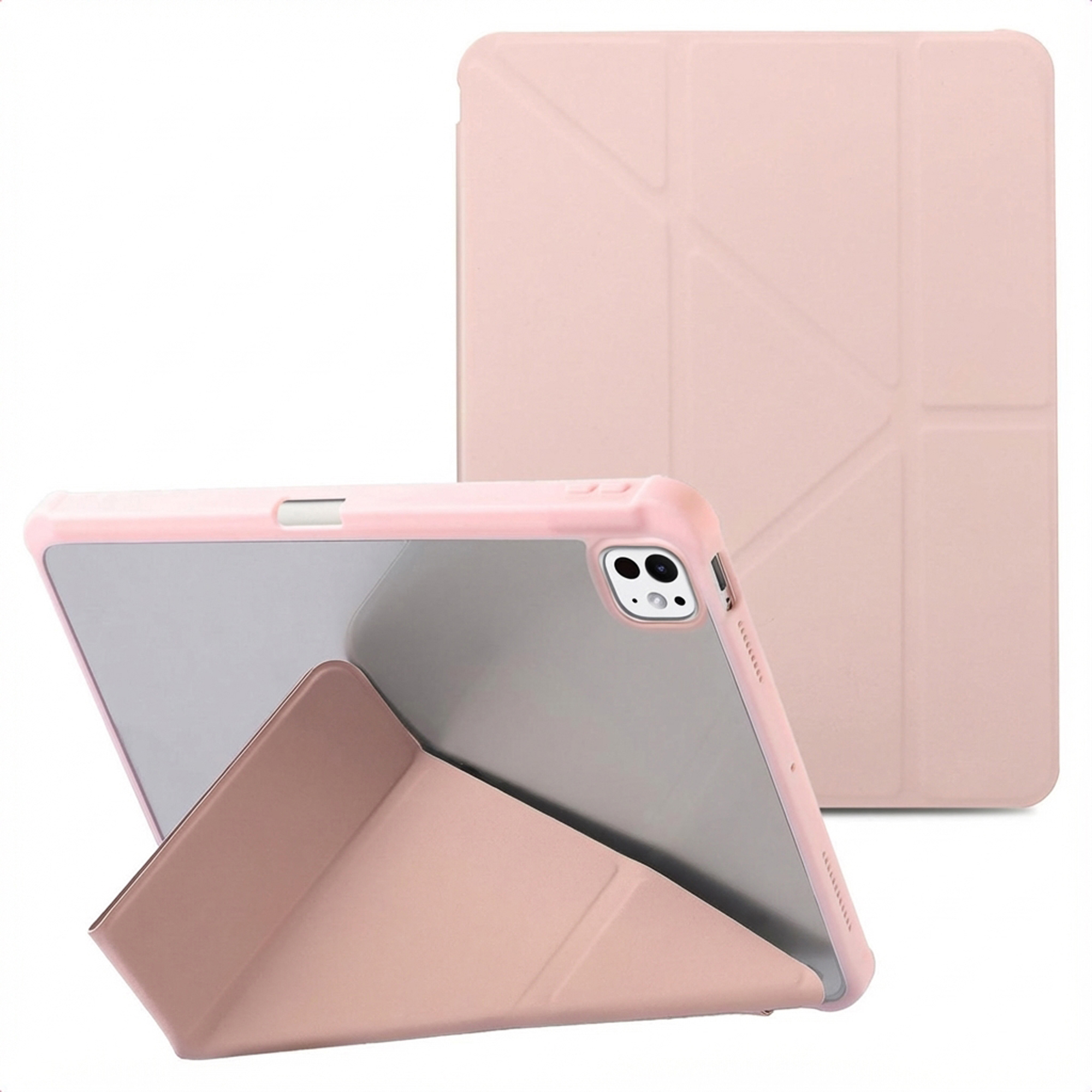 Étui de tablette rose. Un ouvert, soutenu, l'autre fermé. Les deux ont un design géométrique et sont sur fond blanc.