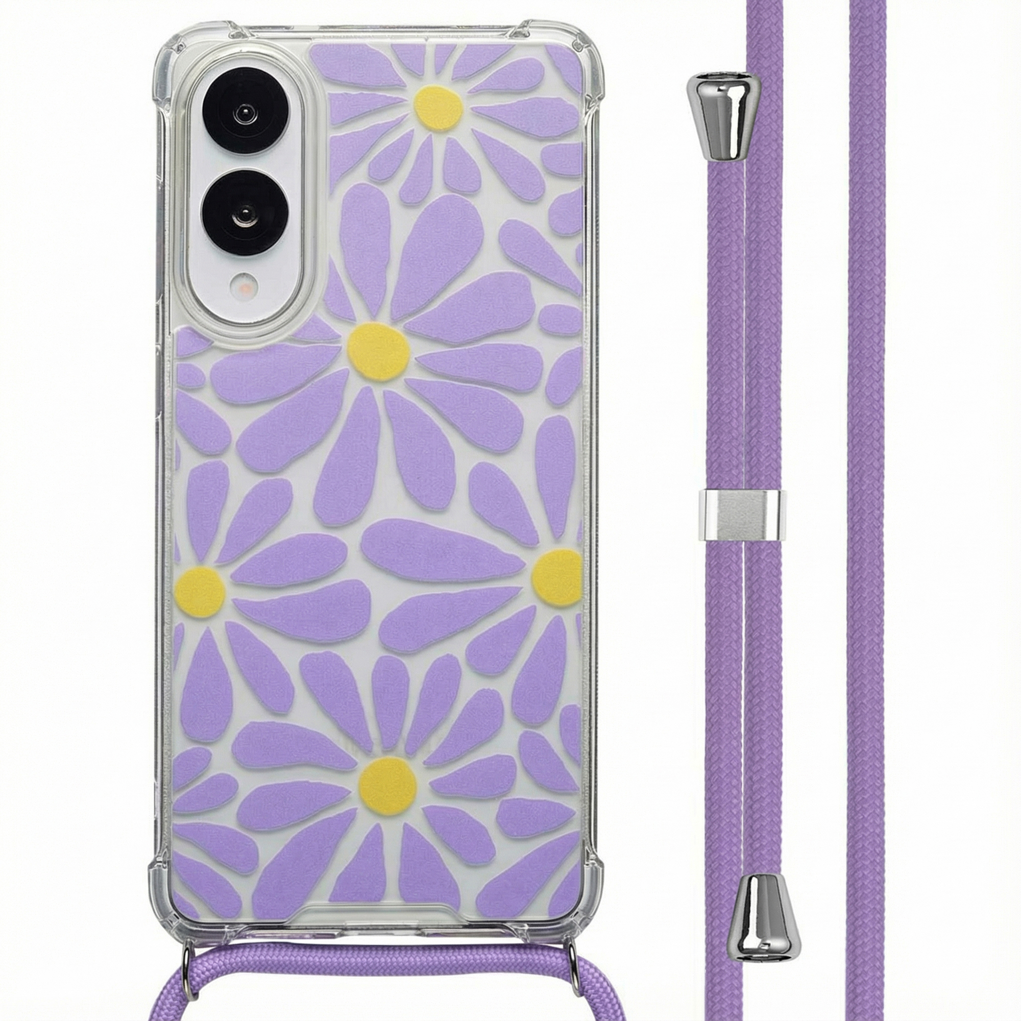 Telefoonhoesje met madeliefjesontwerp en een paars koord. De hoes heeft een doorzichtig frame en paarse bloemblaadjes.