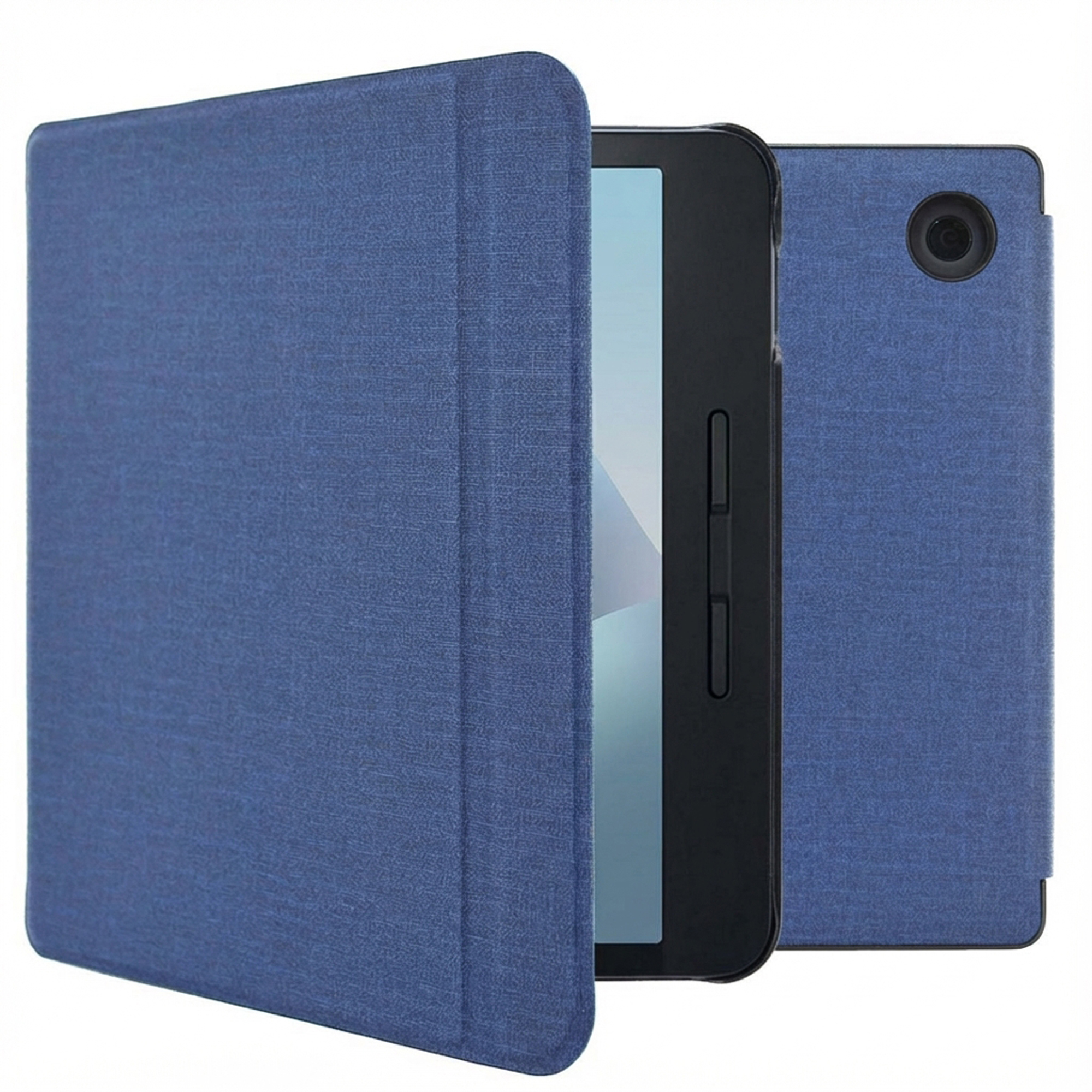 Tablette bleue avec étui. L'étui est ouvert, révélant l'écran. Un objectif de caméra est visible à l'arrière.