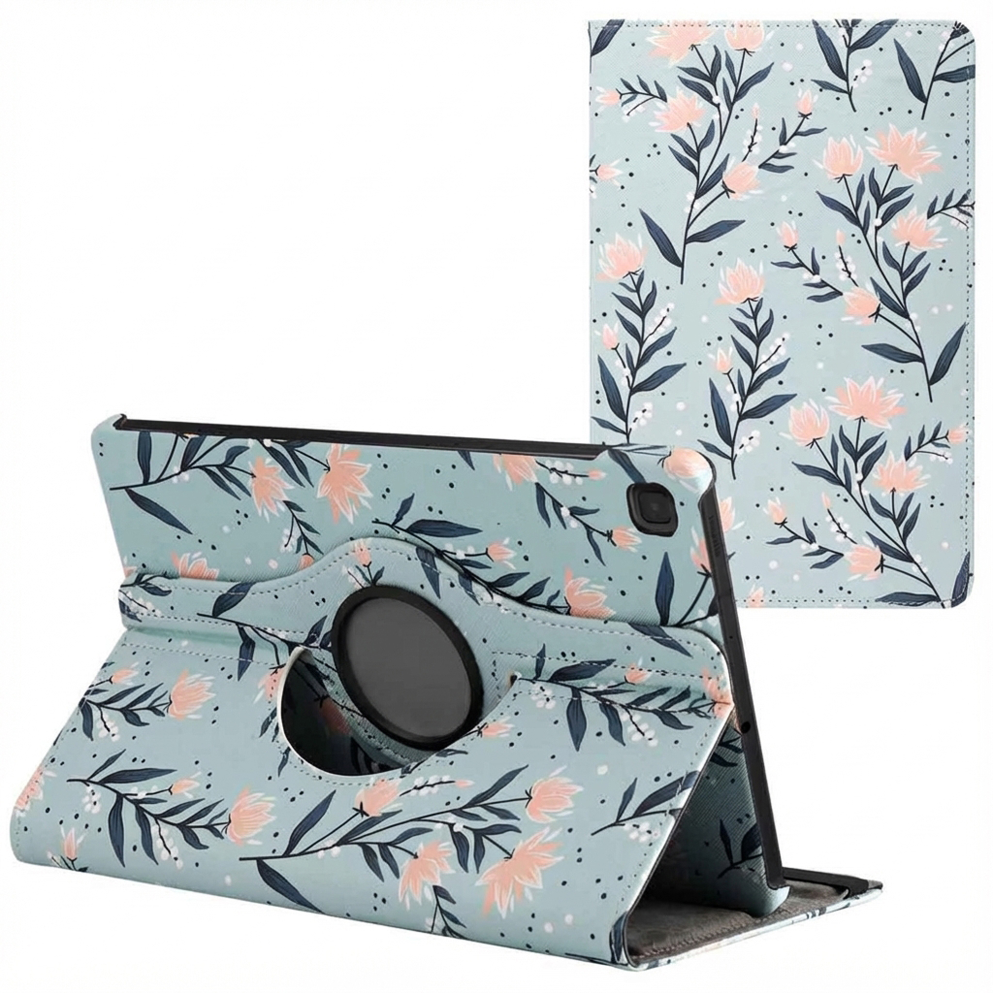 Een tablethoesje met een bloemenpatroon, met roze bloemen op een lichtblauwe achtergrond. De hoes is open, met een tablet.