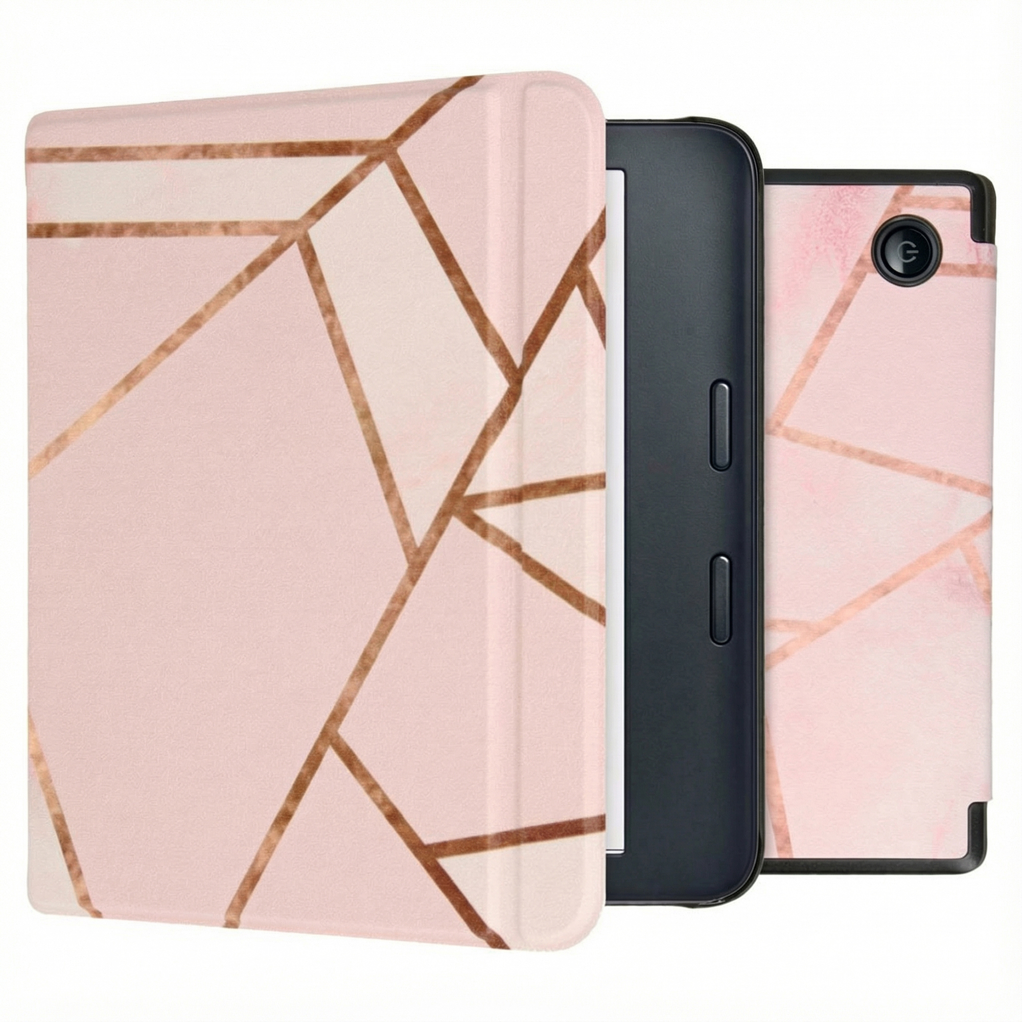 Kindle dans un étui rose avec un motif géométrique doré. Le Kindle est noir. L'étui est ouvert, montrant l'appareil.