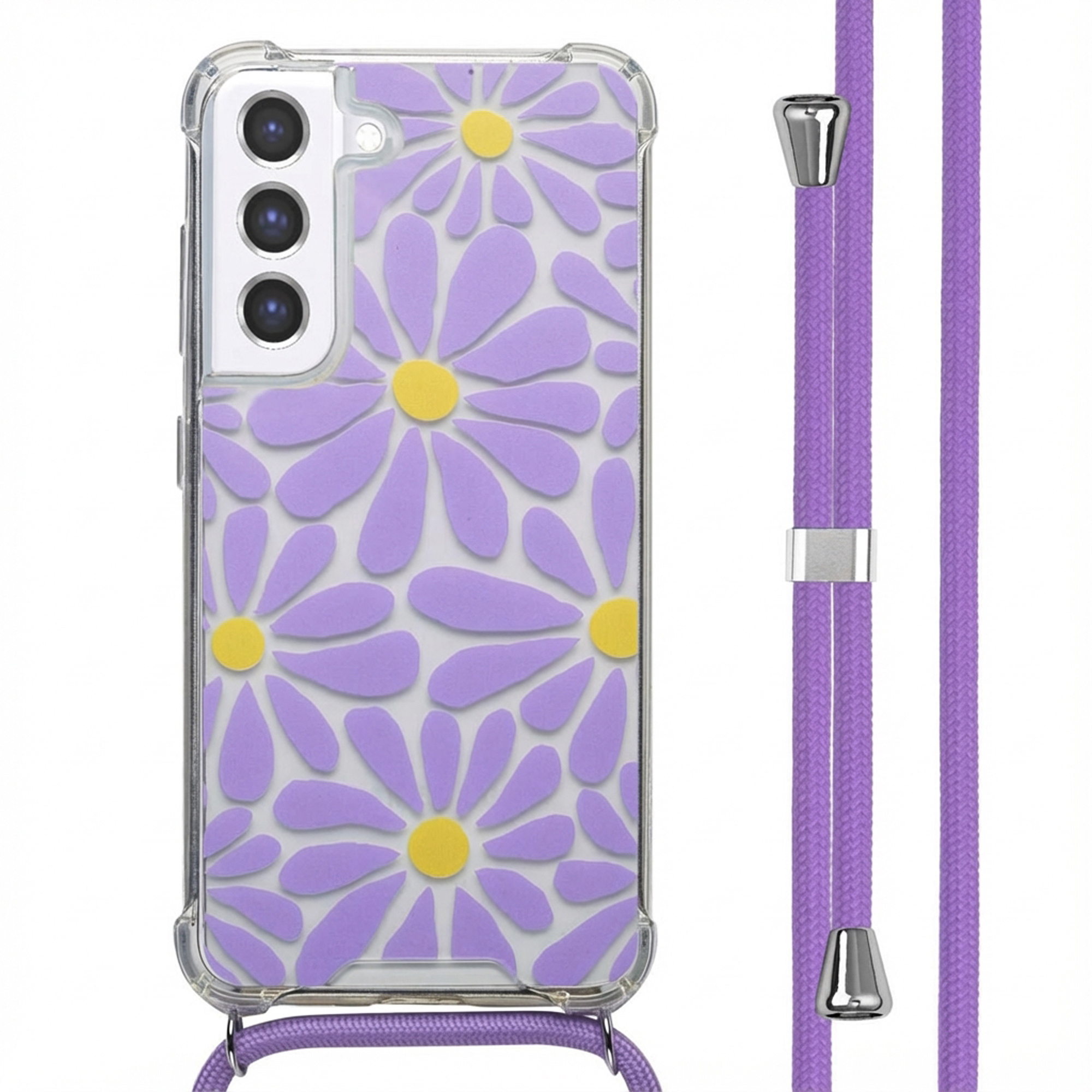 Telefoonhoesje met madeliefjesontwerp, lavendel met gele centra. Bevestigd aan een lavendelkleurig koord met zilveren accenten.