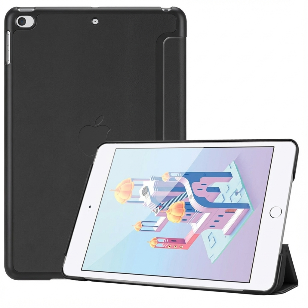 An iPad with a black case, showing the screen with colorful graphics. Another case is behind it. Apple logo visible.