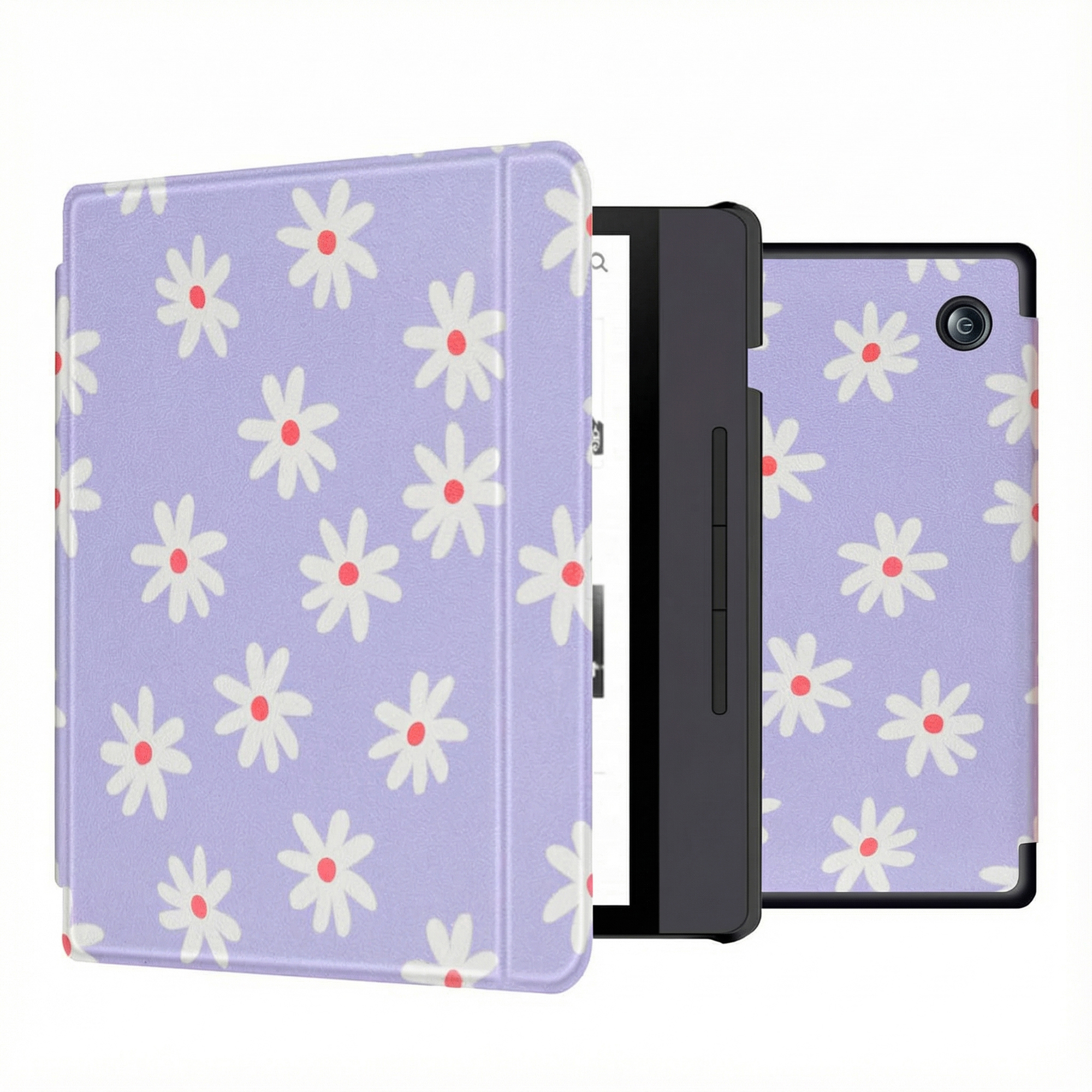 Une tablette avec un étui à motifs de marguerites. L'étui est ouvert, montrant l'écran. Le fond est blanc.