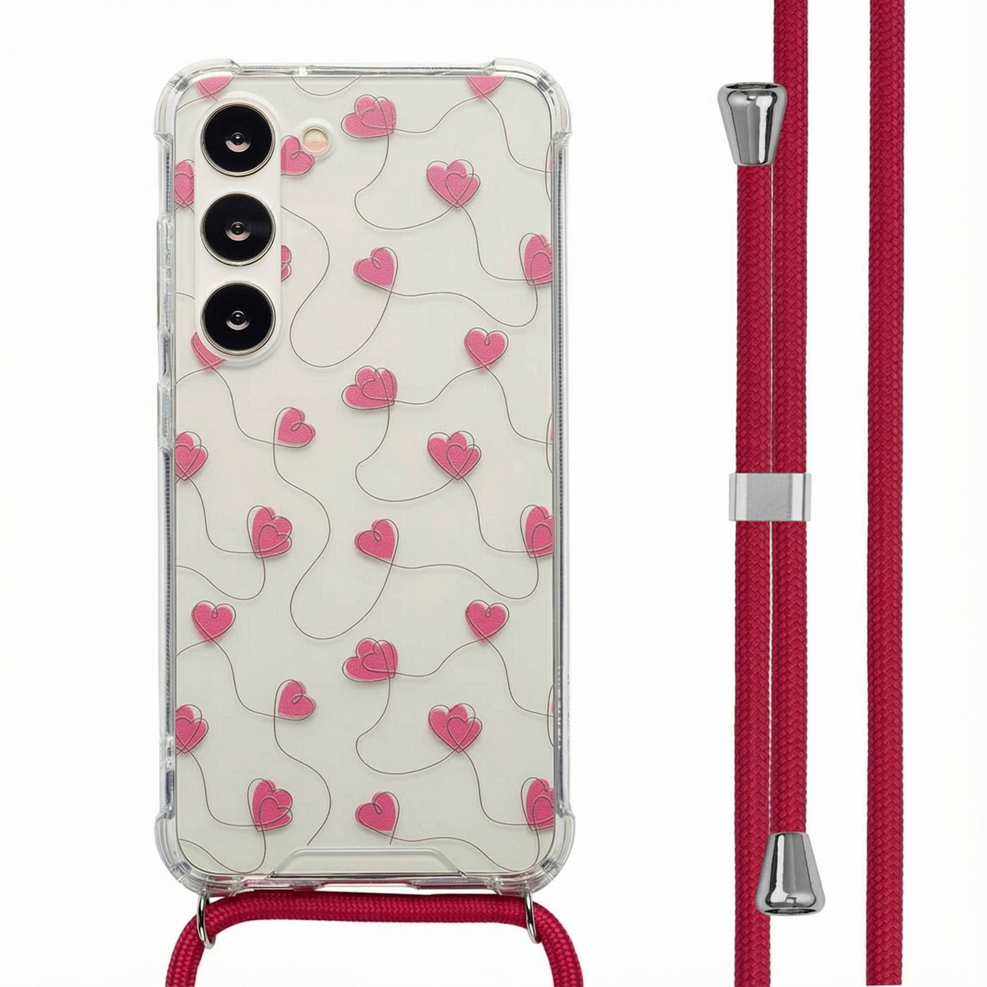 Telefoonhoesje met roze hartjesontwerp, bevestigd aan een rood koord met zilveren accenten. Witte achtergrond.