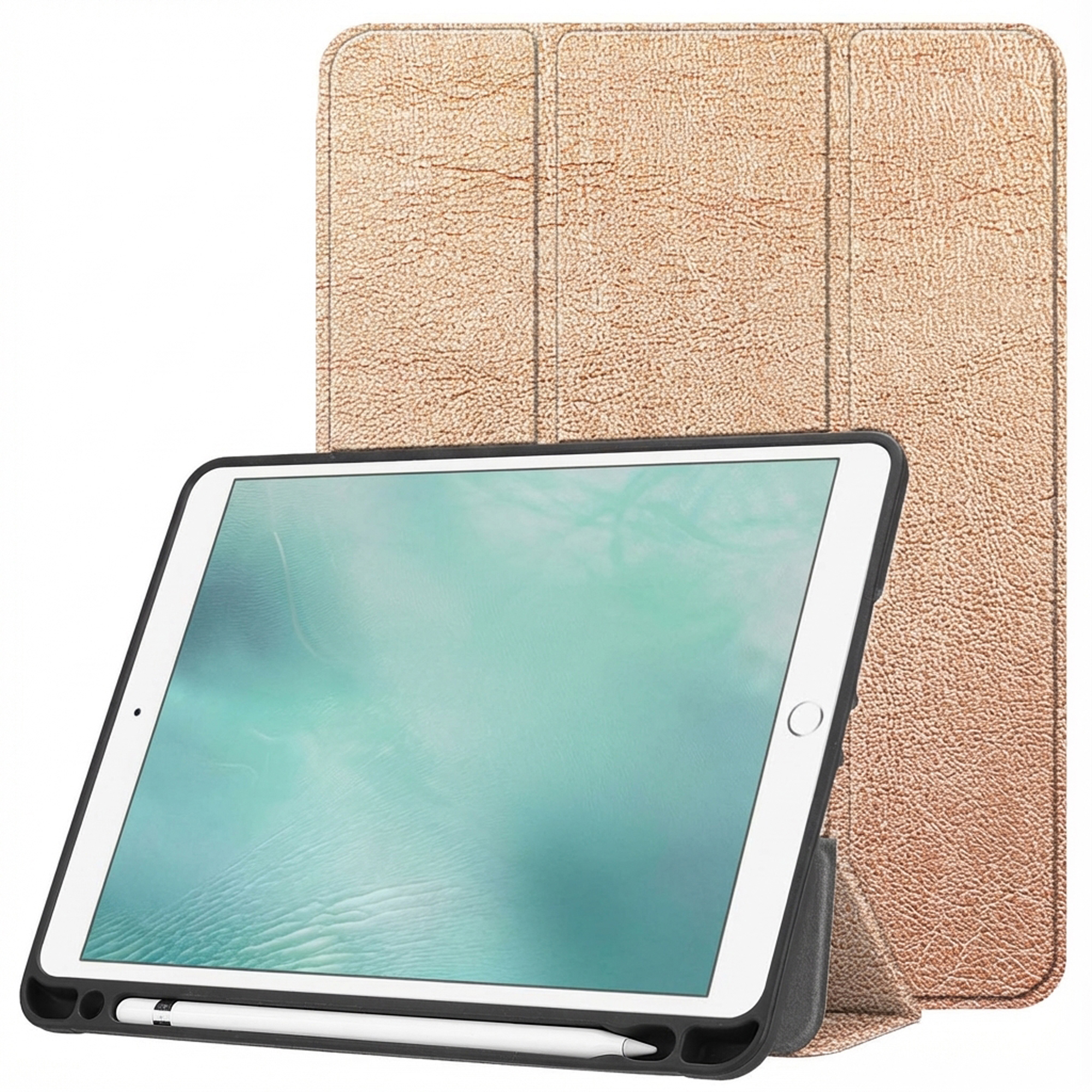 An iPad in a brown leather case. The screen displays a light blue image. A stylus is present.