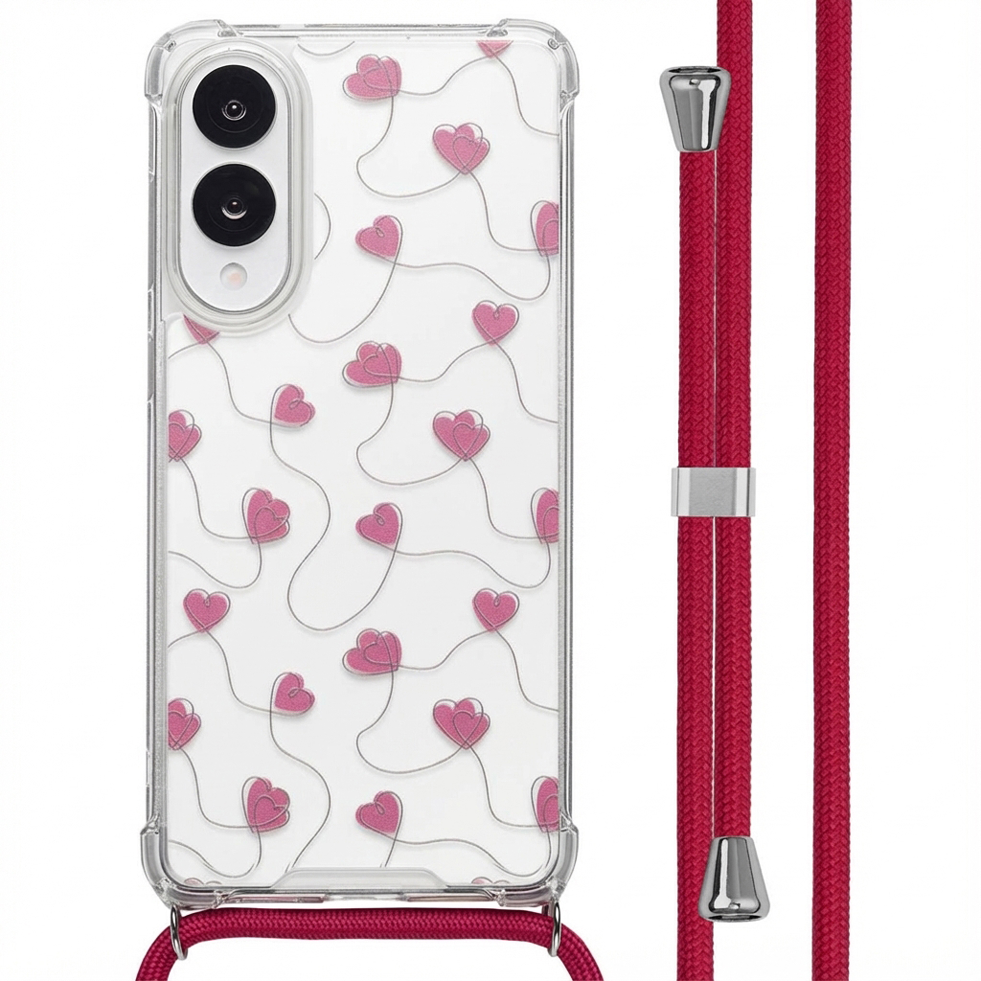Custodia trasparente con cuori rosa, attaccata a un cordino rosso con dettagli argentati.
