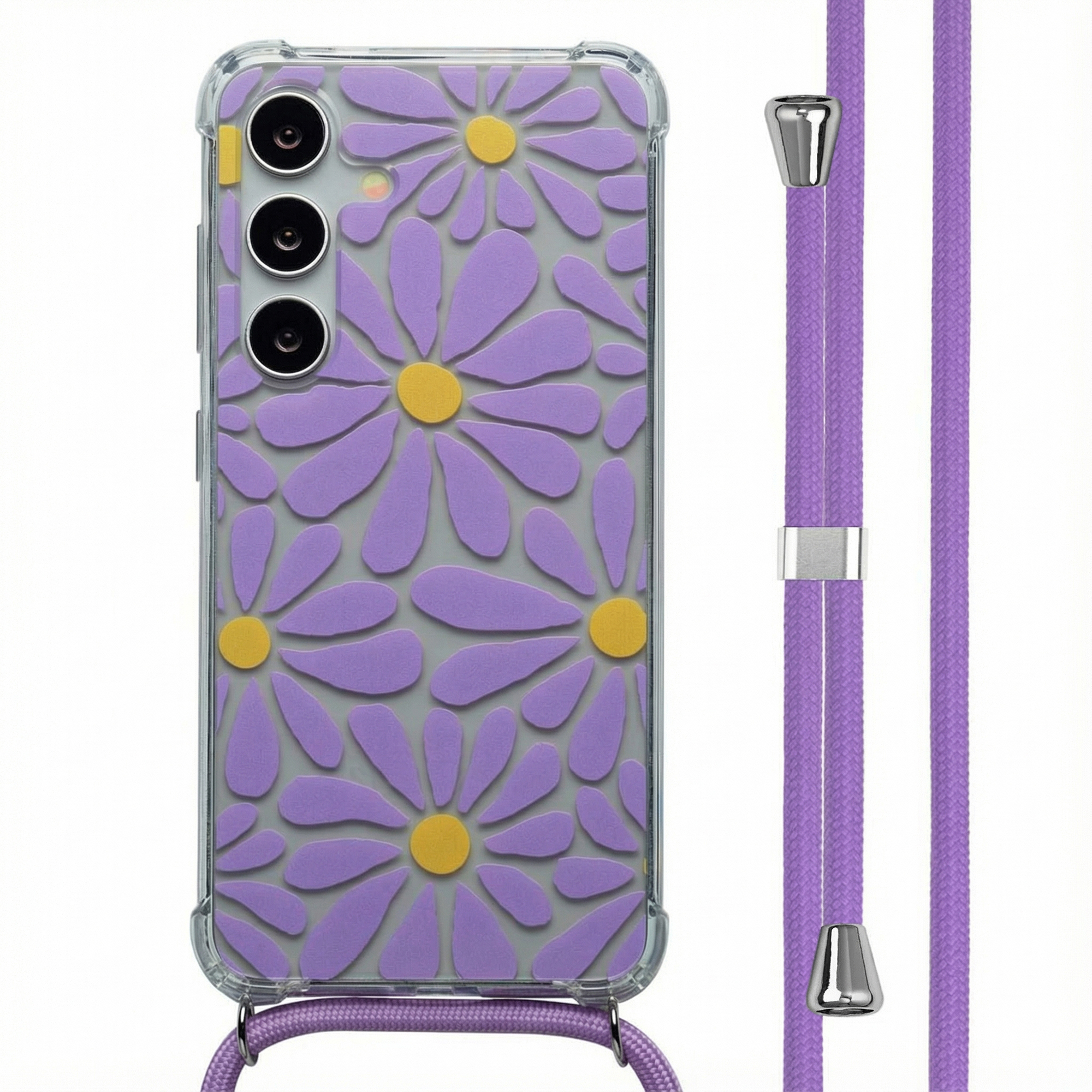 Coque de téléphone à motif marguerite, lanière violette. Coque avec marguerites violettes à centres jaunes. La lanière est également violette.