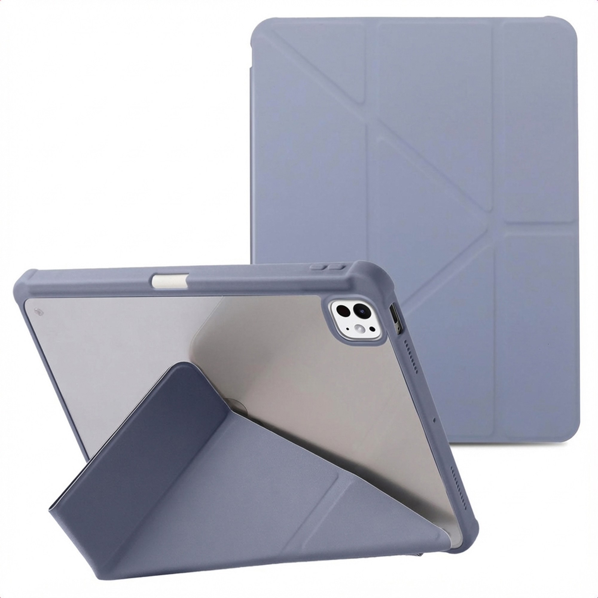 Een blauwe tablethoes met een tablet erin. De hoes is schuin geplaatst om de tablet omhoog te zetten. Een andere hoes staat erachter.